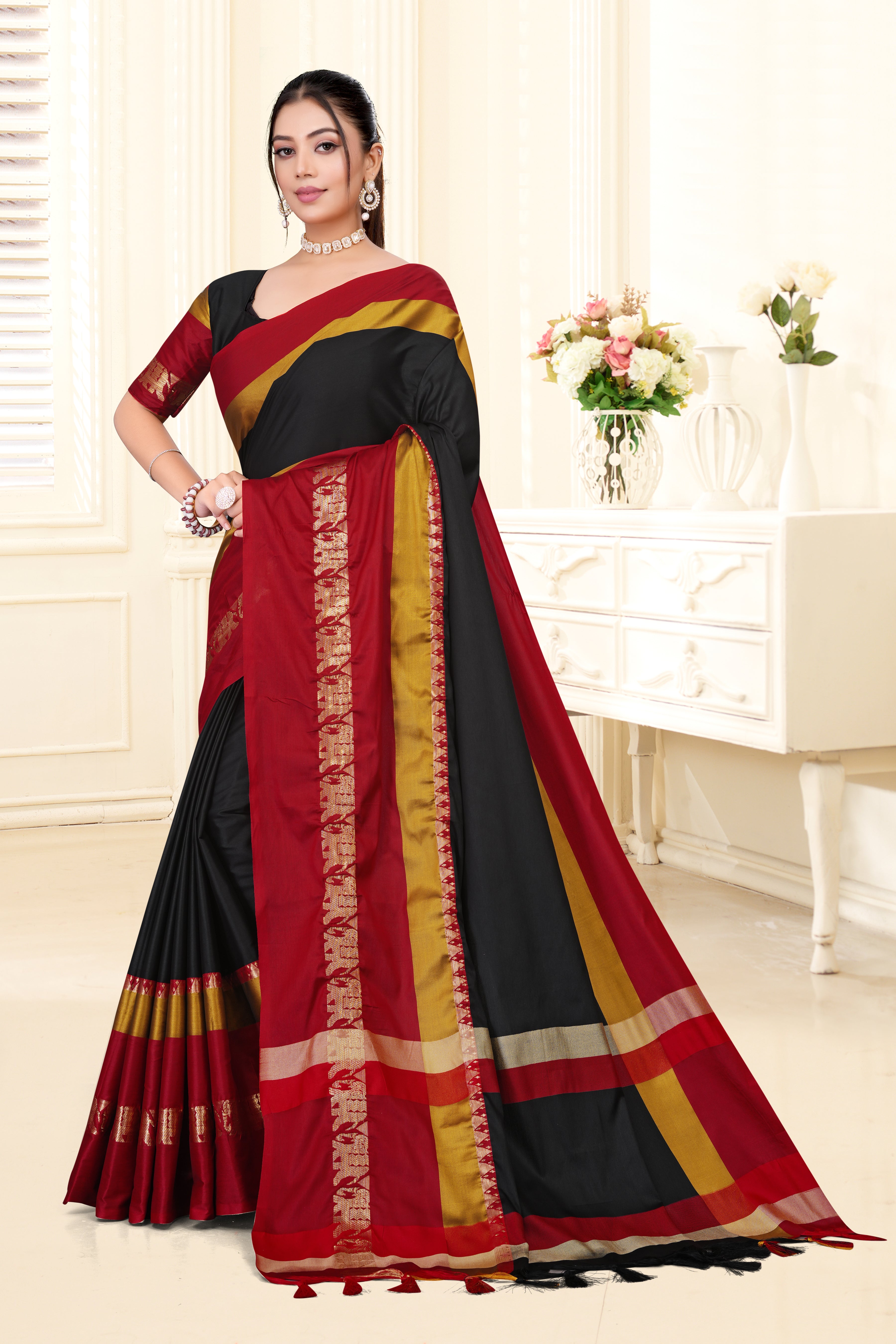Black & Red Hathi Design (Elephant) Cotton Silk Saree