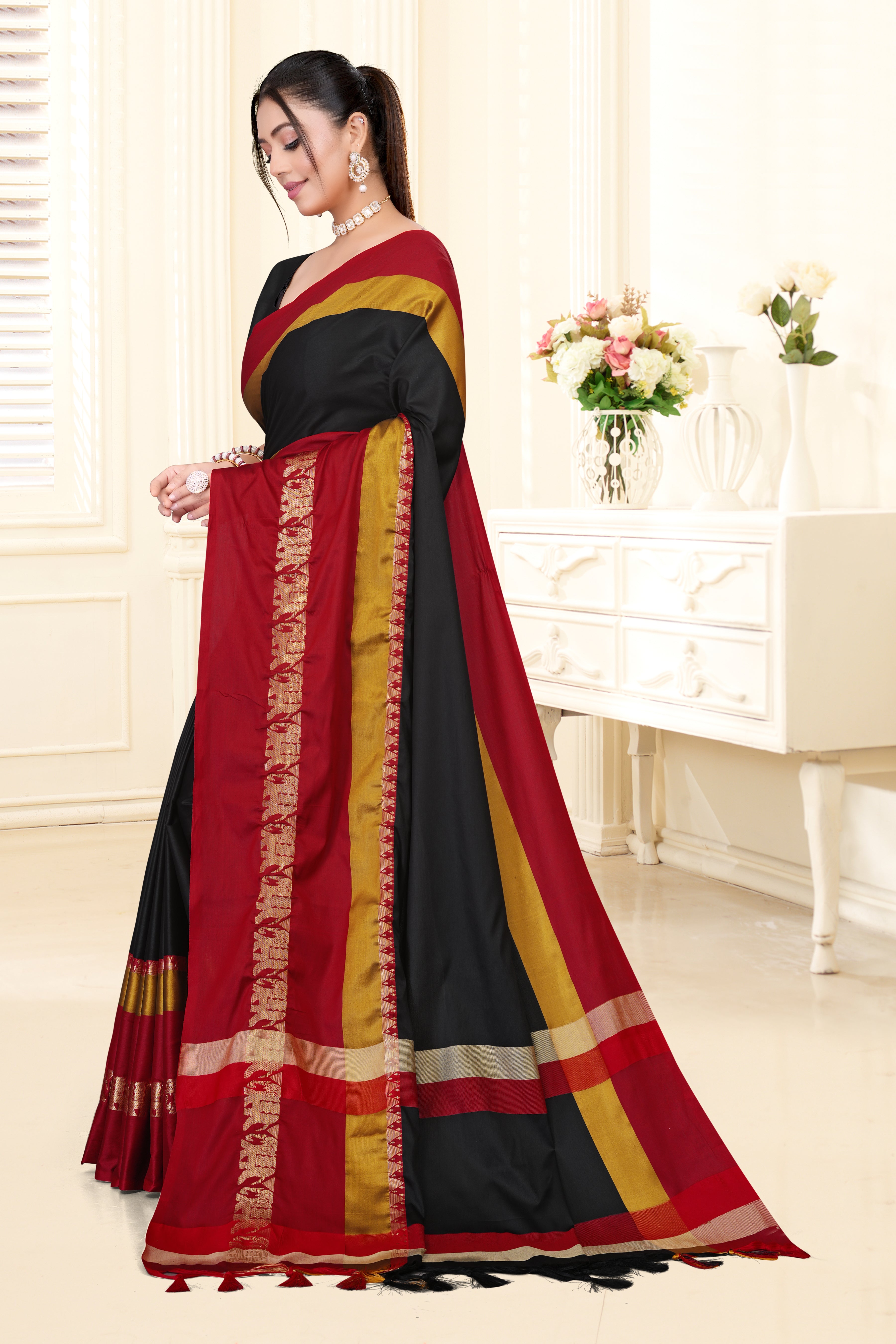 Black & Red Hathi Design (Elephant) Cotton Silk Saree