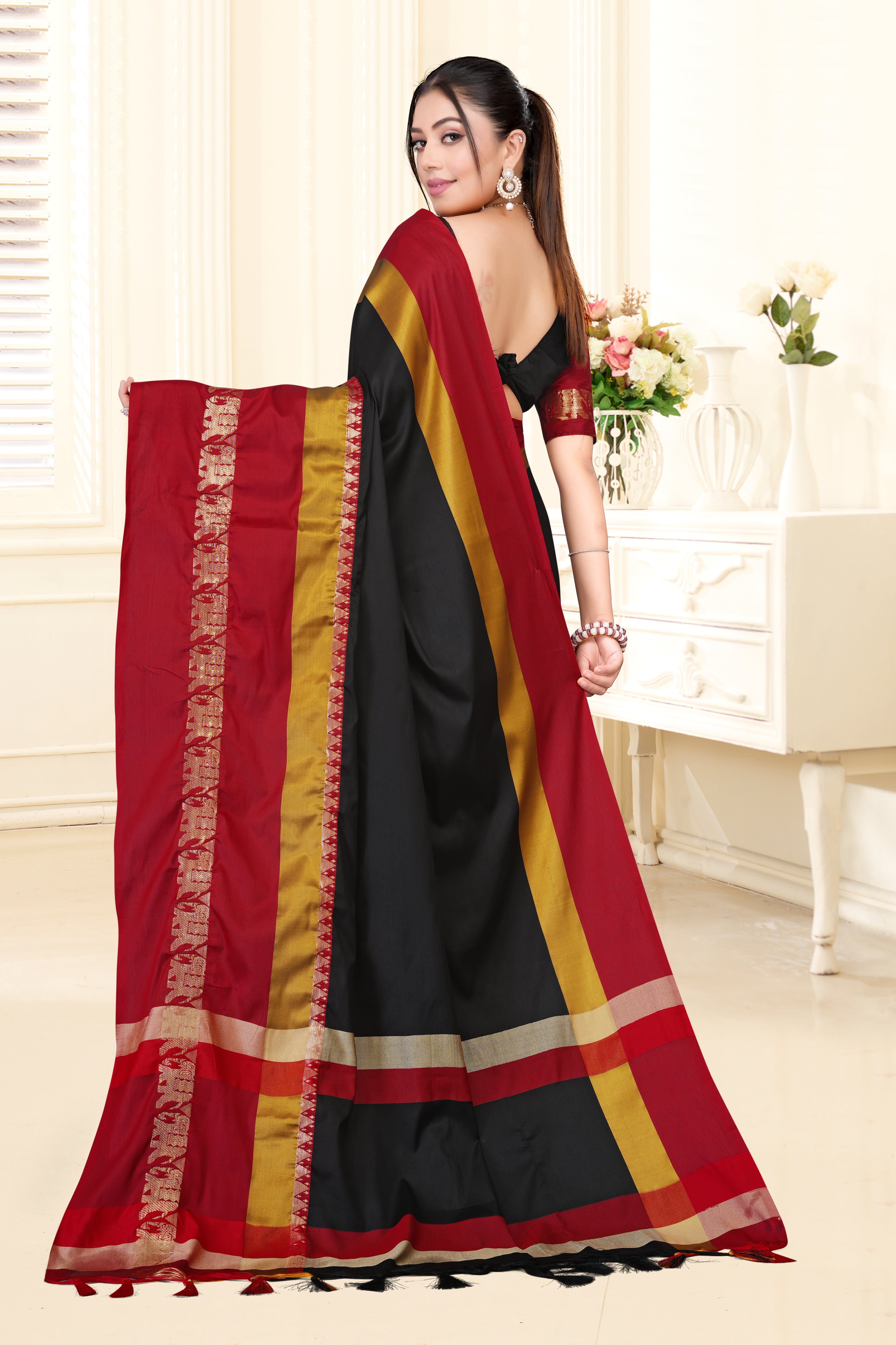 Black & Red Hathi Design (Elephant) Cotton Silk Saree