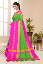 Parrot Green & Pink Rani Hathi Design (Elephant) Cotton Silk Saree