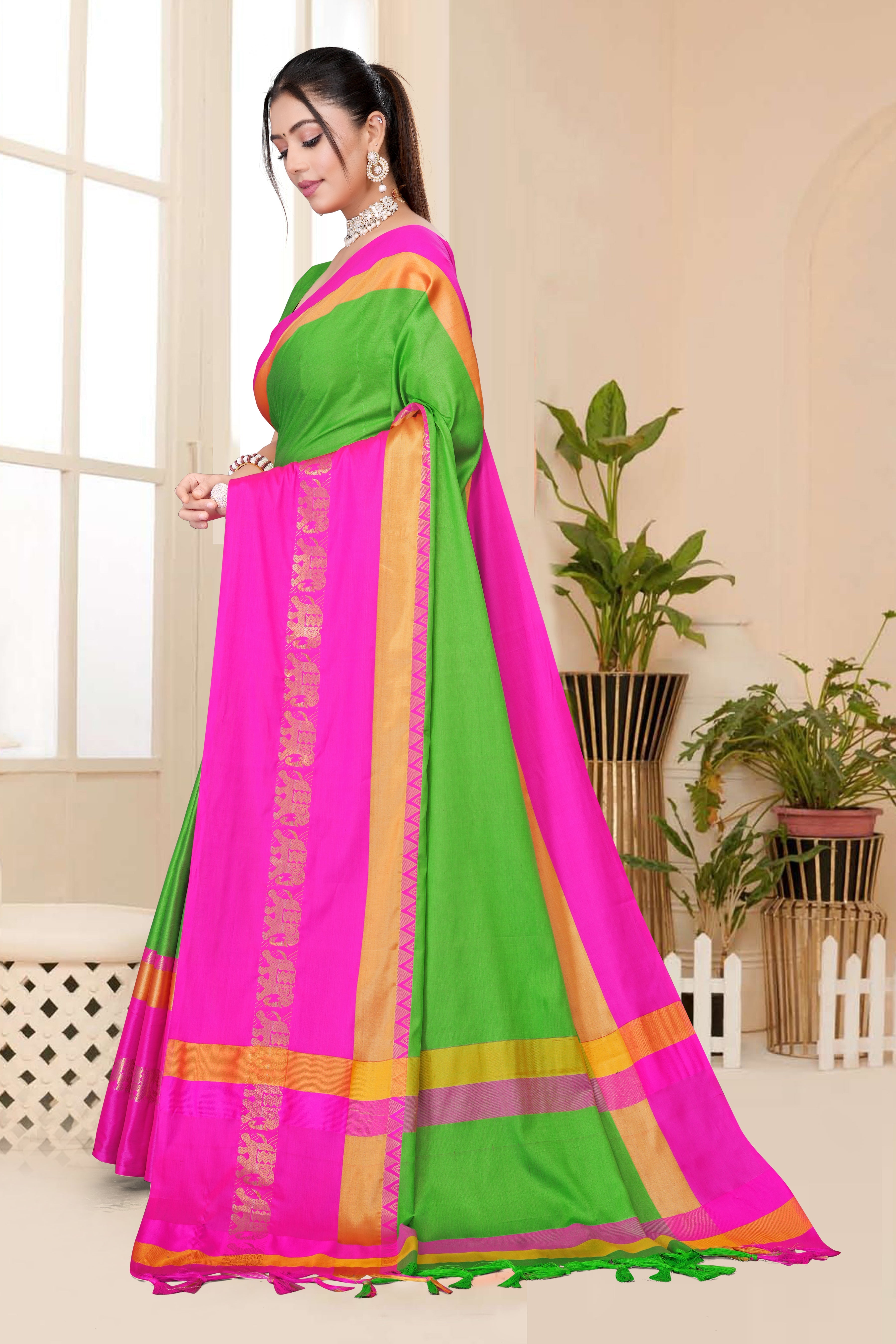 Parrot Green & Pink Rani Hathi Design (Elephant) Cotton Silk Saree