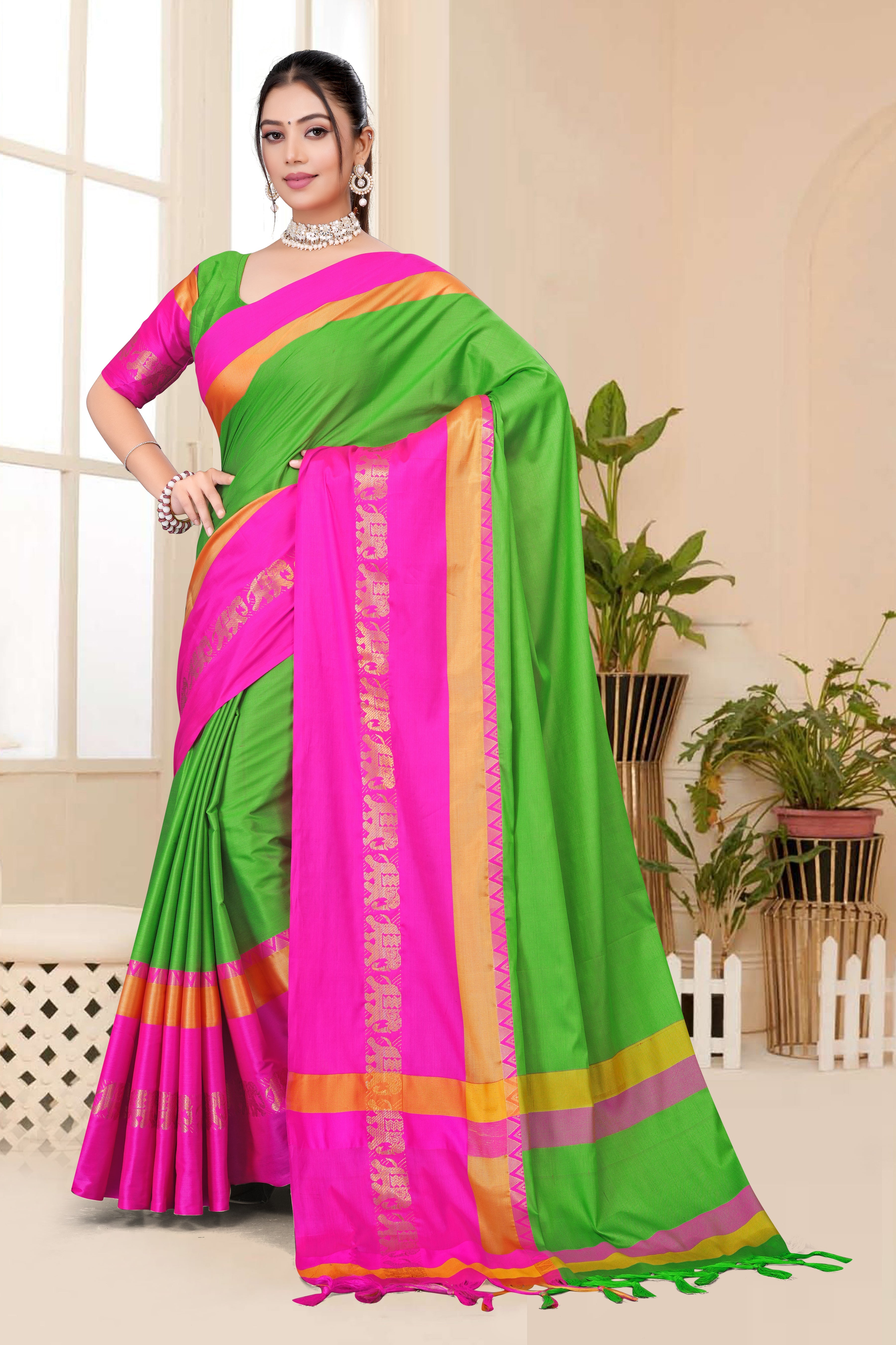 Parrot Green & Pink Rani Hathi Design (Elephant) Cotton Silk Saree