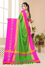 Parrot Green & Pink Rani Hathi Design (Elephant) Cotton Silk Saree