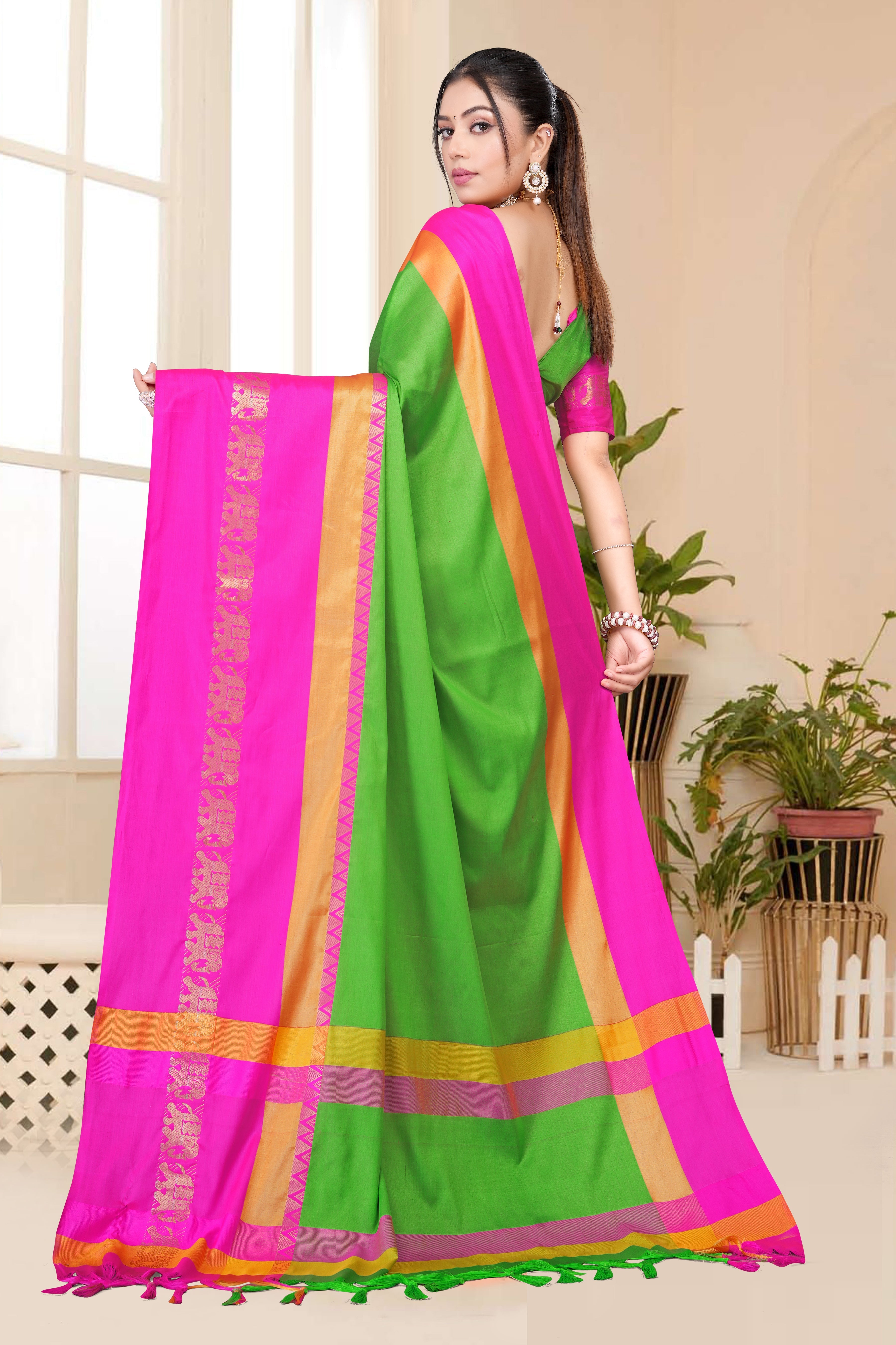 Parrot Green & Pink Rani Hathi Design (Elephant) Cotton Silk Saree