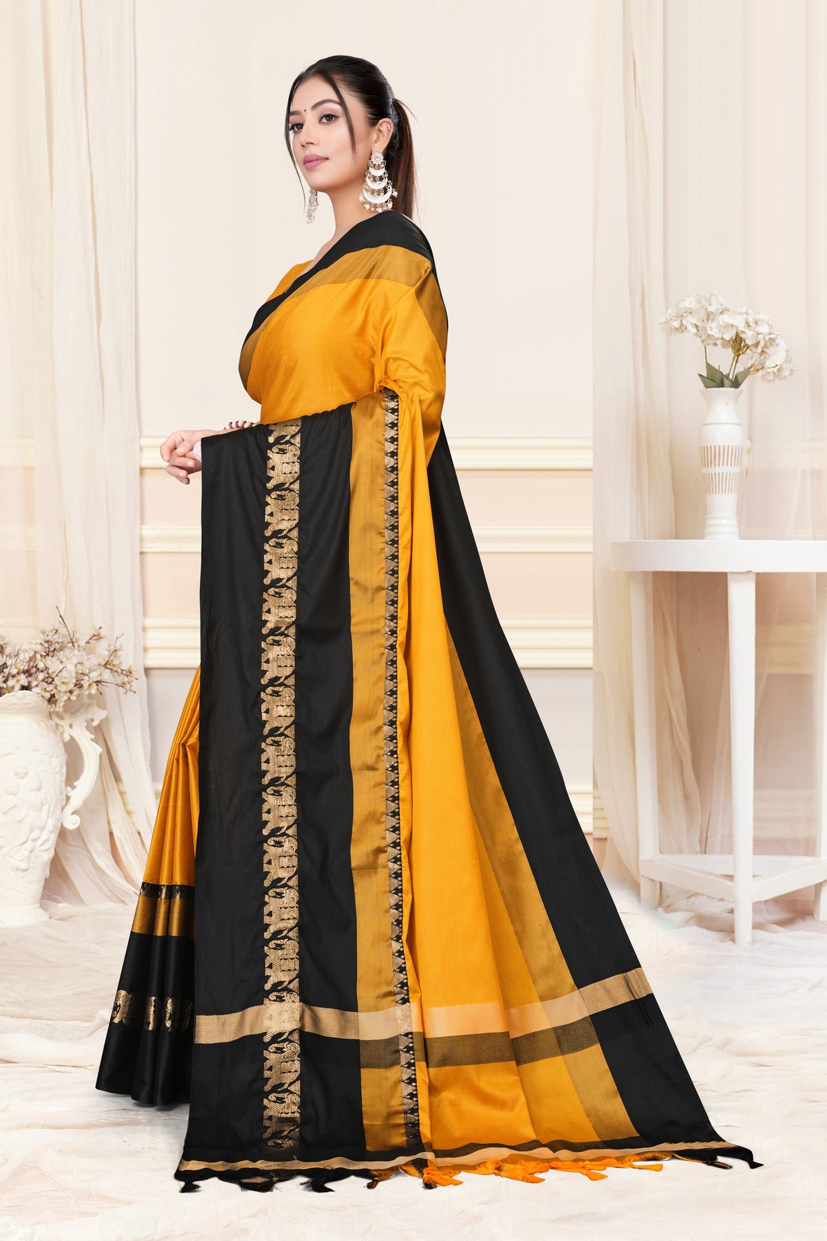 Gold & Black Hathi Design (Elephant) Cotton Silk Saree