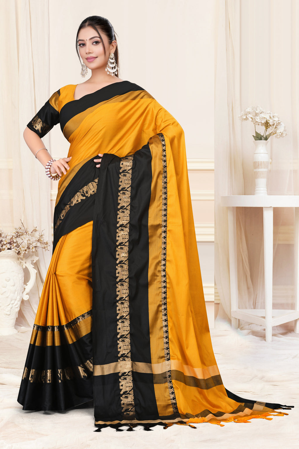 Gold & Black Hathi Design (Elephant) Cotton Silk Saree
