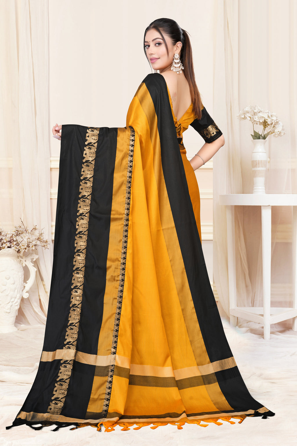 Gold & Black Hathi Design (Elephant) Cotton Silk Saree