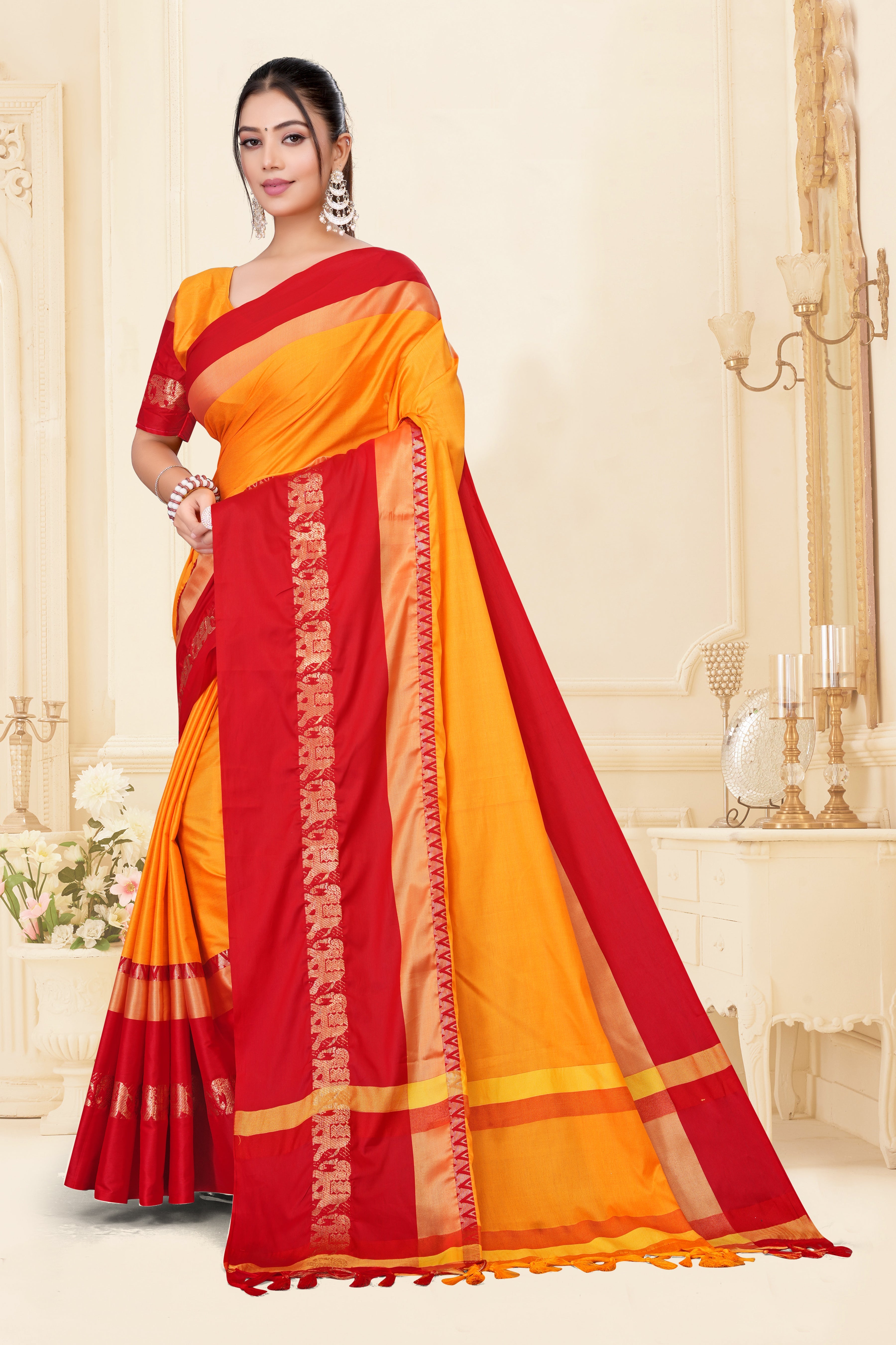 Gold & Red Hathi Design (Elephant) Cotton Silk Saree