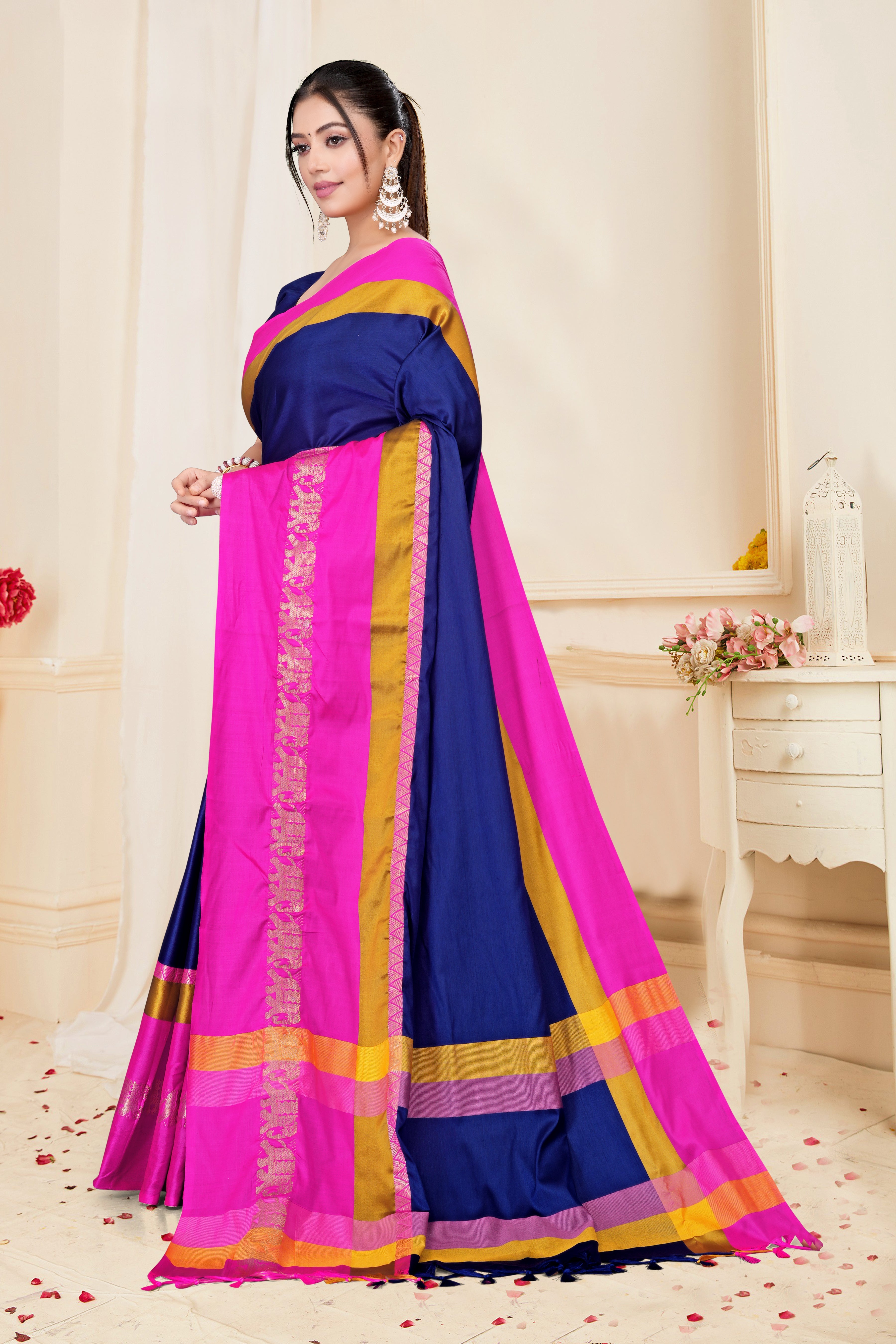 Navy Blue & Rani Pink Hathi Design (Elephant) Cotton Silk Saree