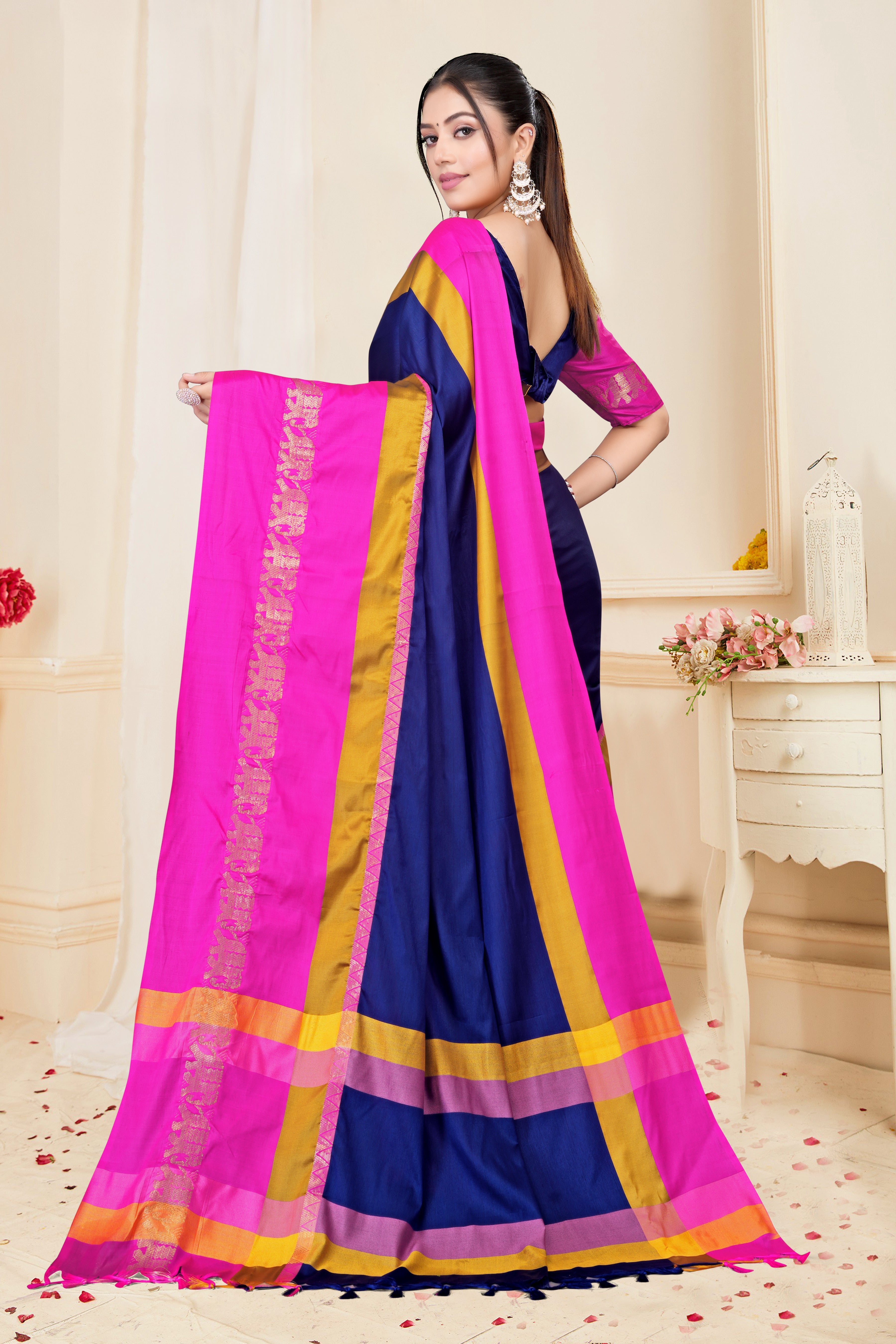 Navy Blue & Rani Pink Hathi Design (Elephant) Cotton Silk Saree