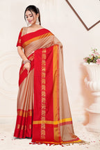 Cream & Red Hathi Design (Elephant) Cotton Silk Saree