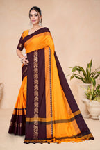 Turmeric Yellow & Coffee Hathi Design (Elephant) Cotton Silk Saree