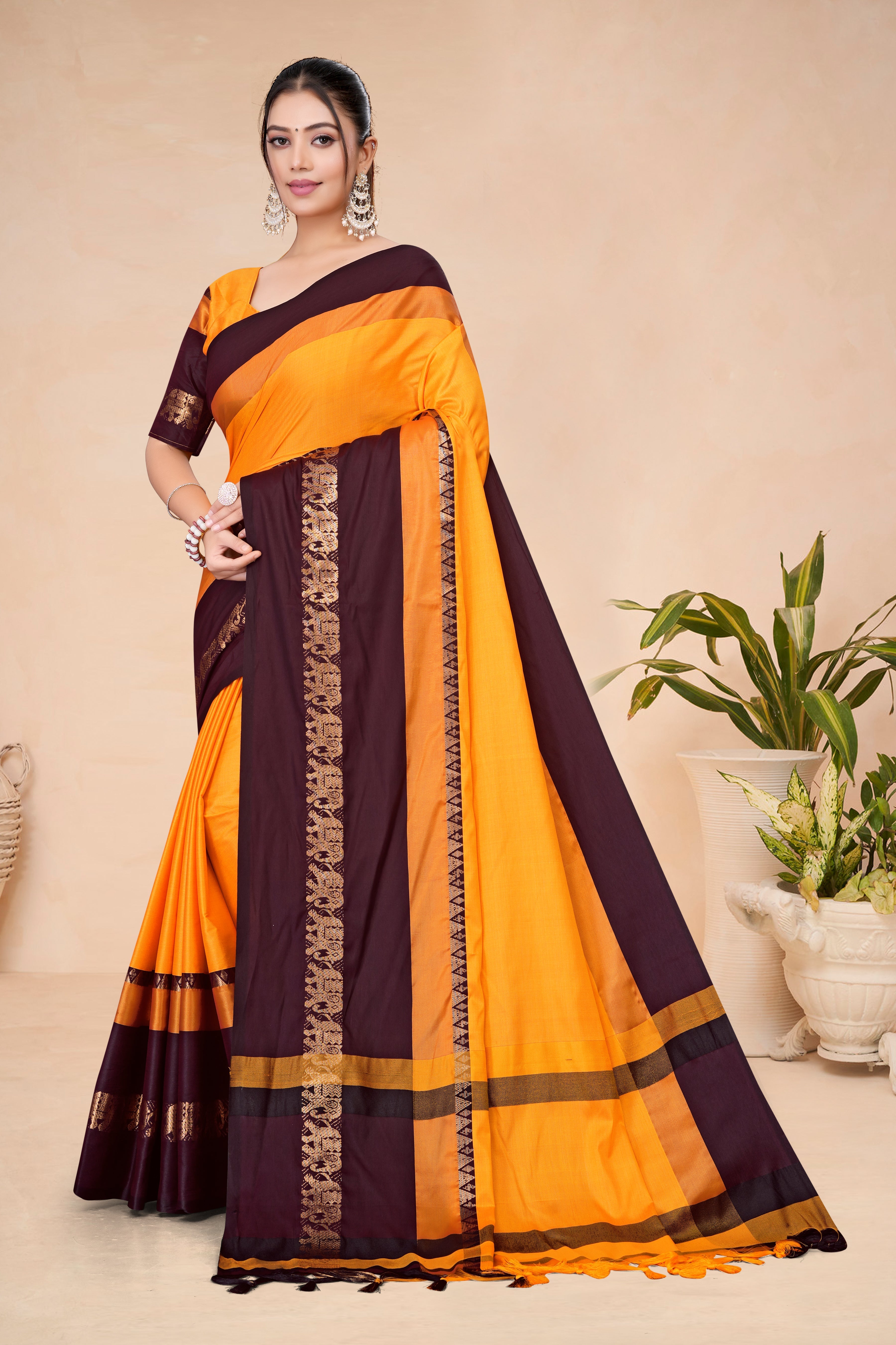 Turmeric Yellow & Coffee Hathi Design (Elephant) Cotton Silk Saree