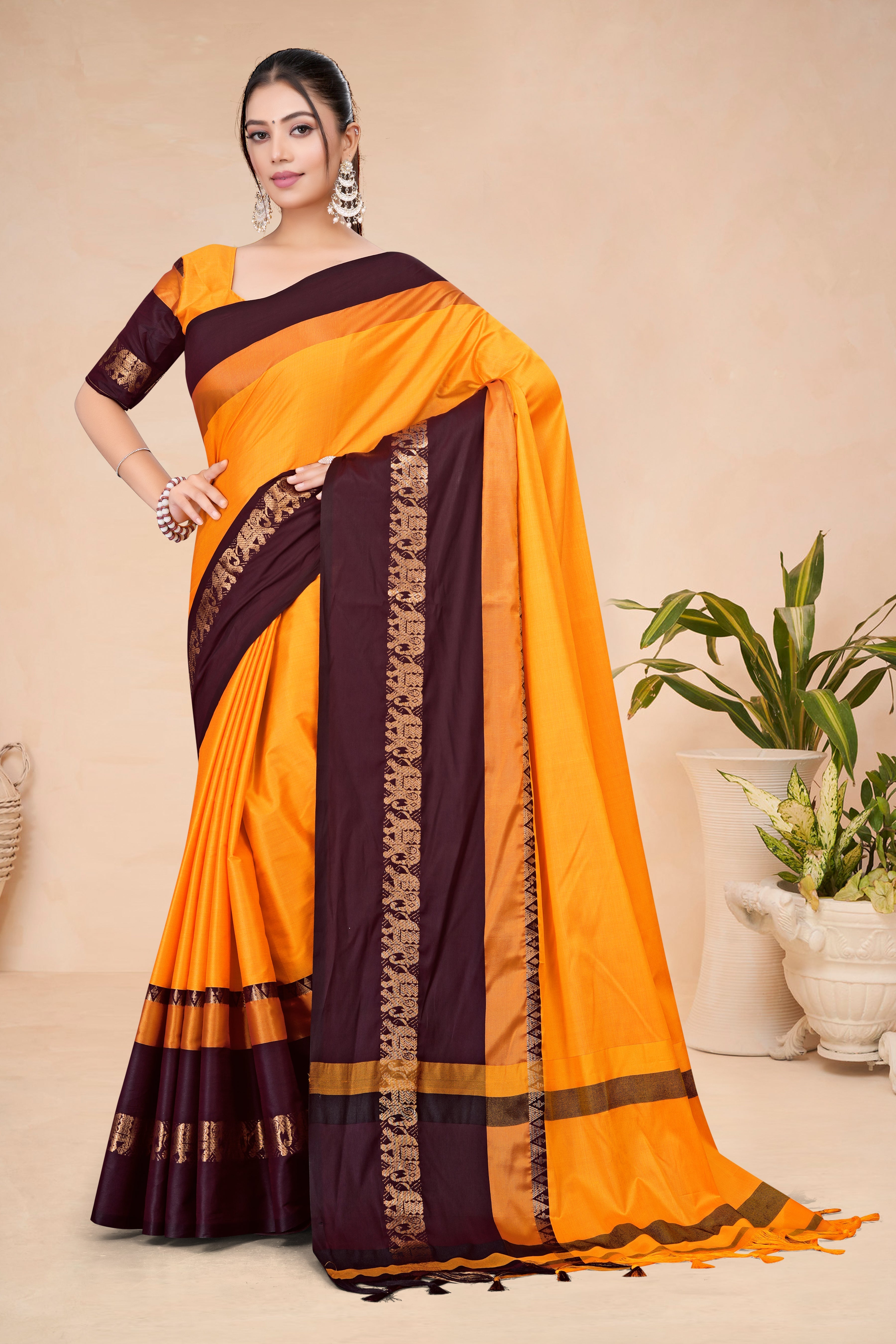 Turmeric Yellow & Coffee Hathi Design (Elephant) Cotton Silk Saree