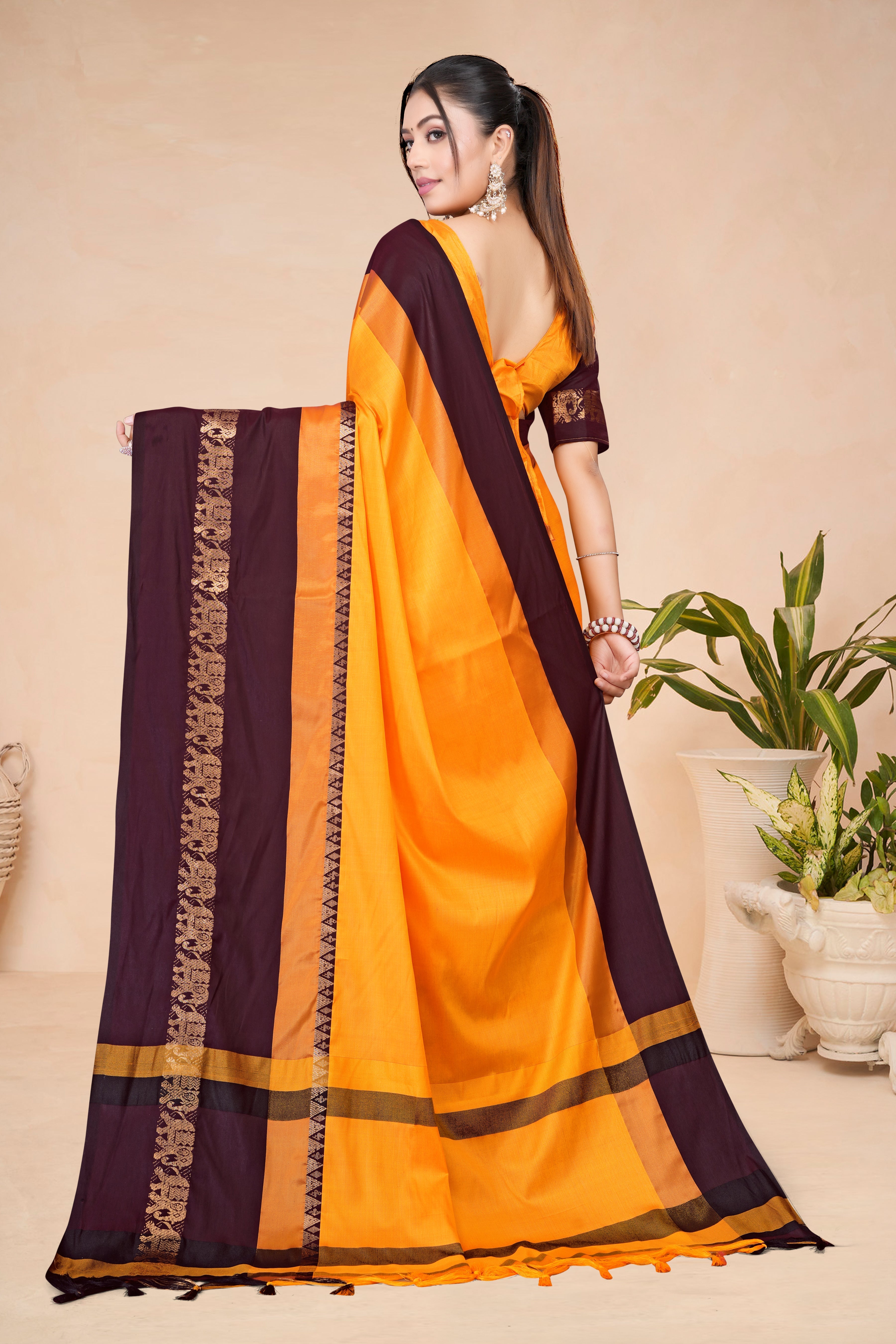 Turmeric Yellow & Coffee Hathi Design (Elephant) Cotton Silk Saree