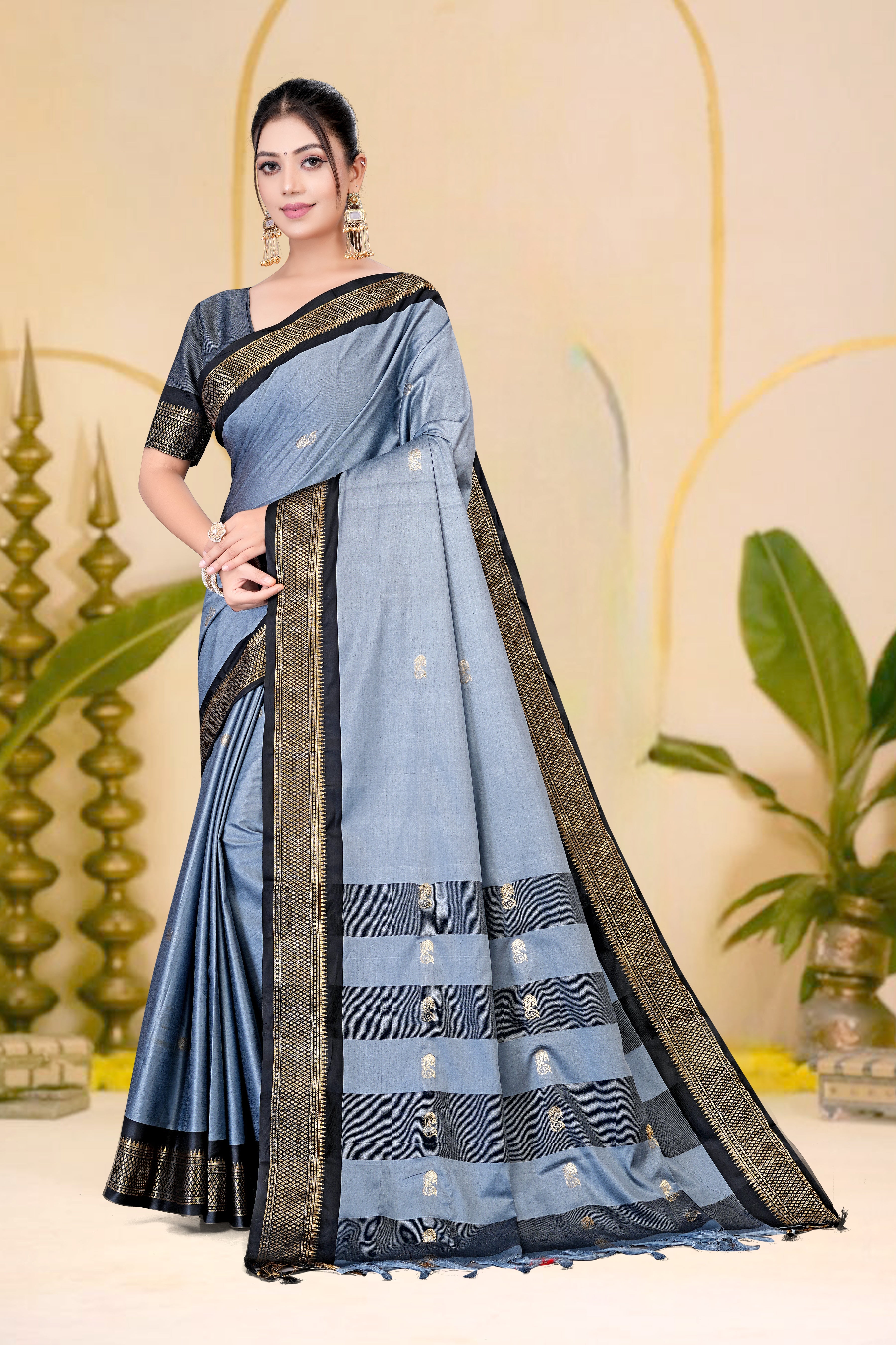 Grey & Black Paithani Cotton Silk Saree