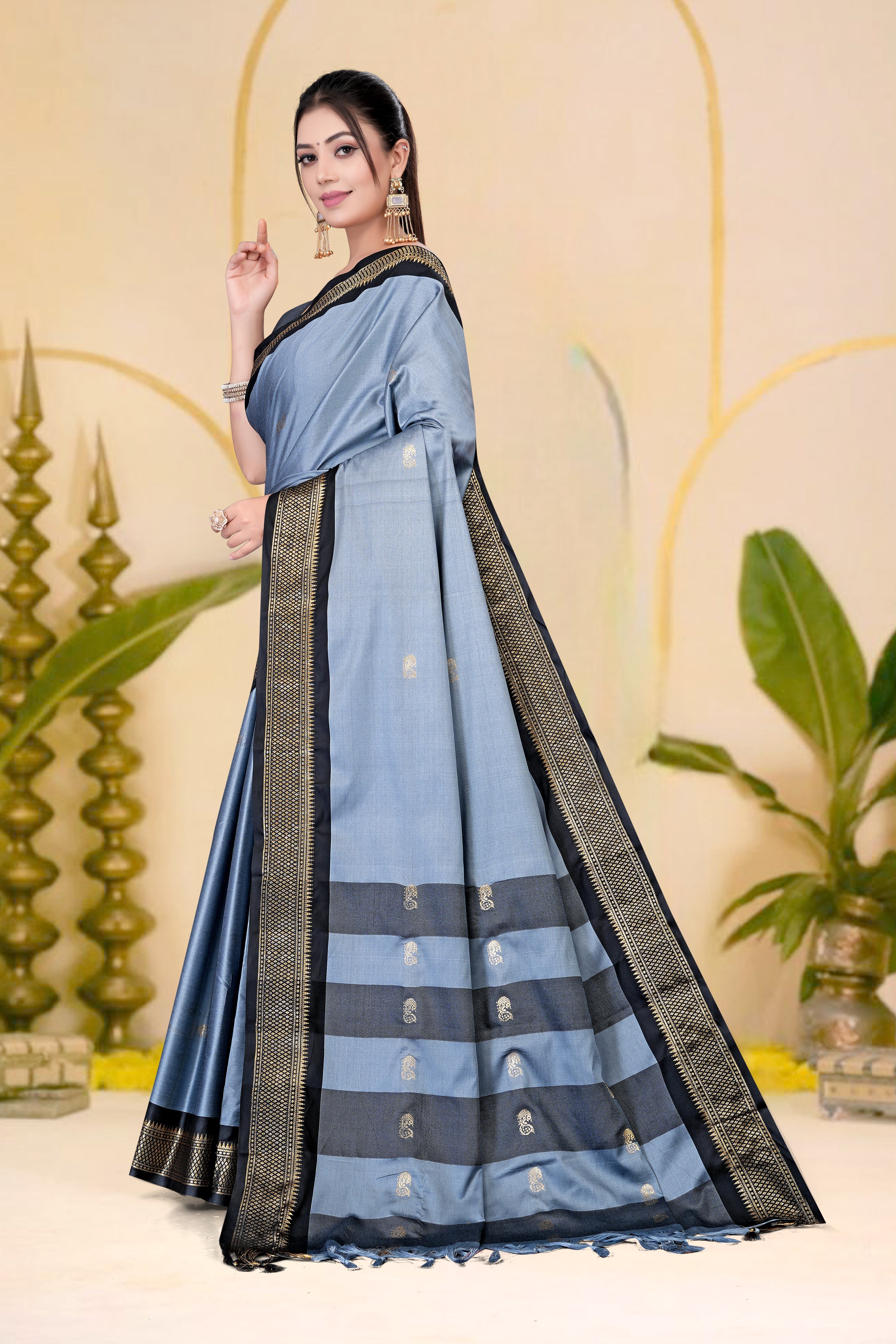 Grey & Black Paithani Cotton Silk Saree