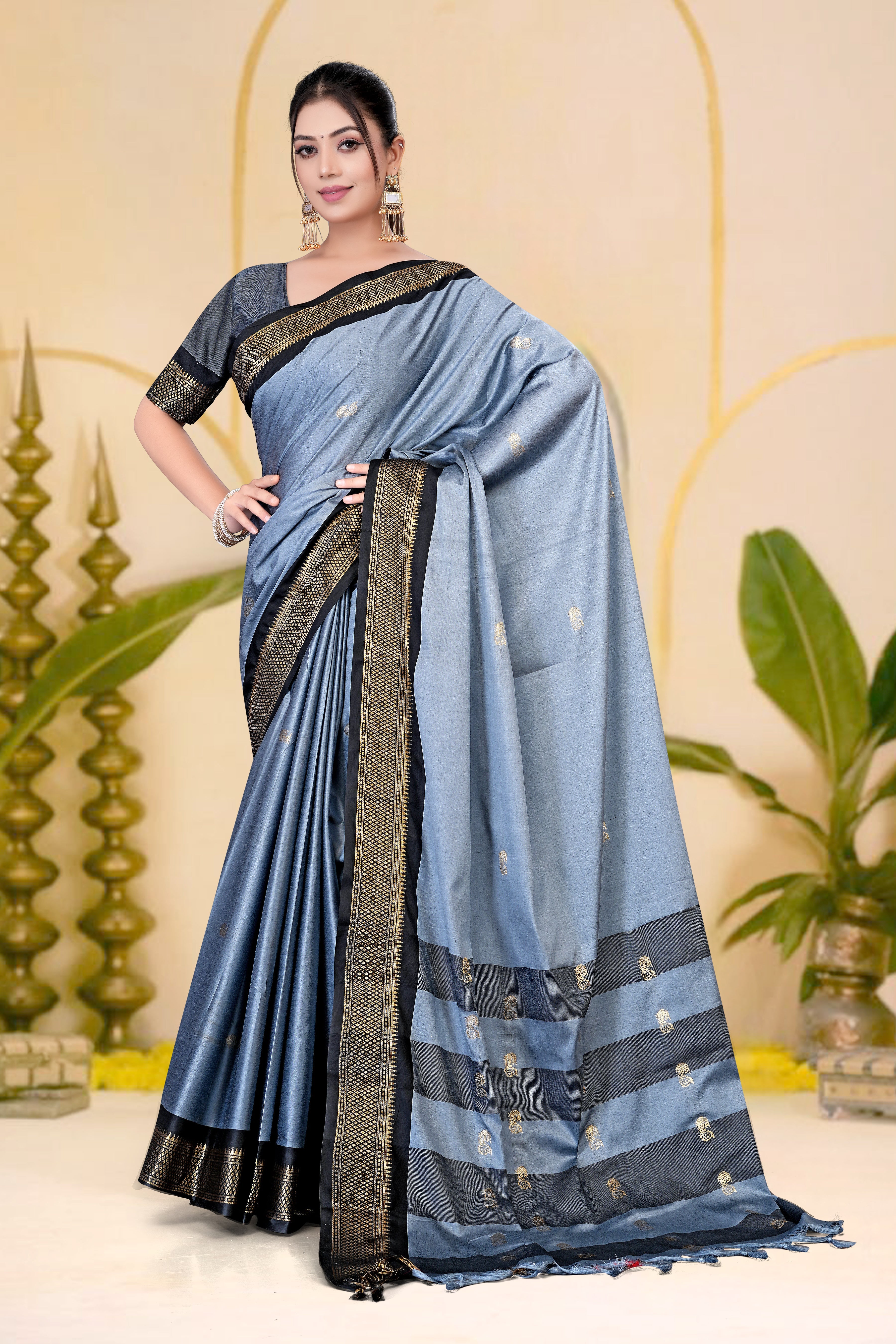 Grey & Black Paithani Cotton Silk Saree