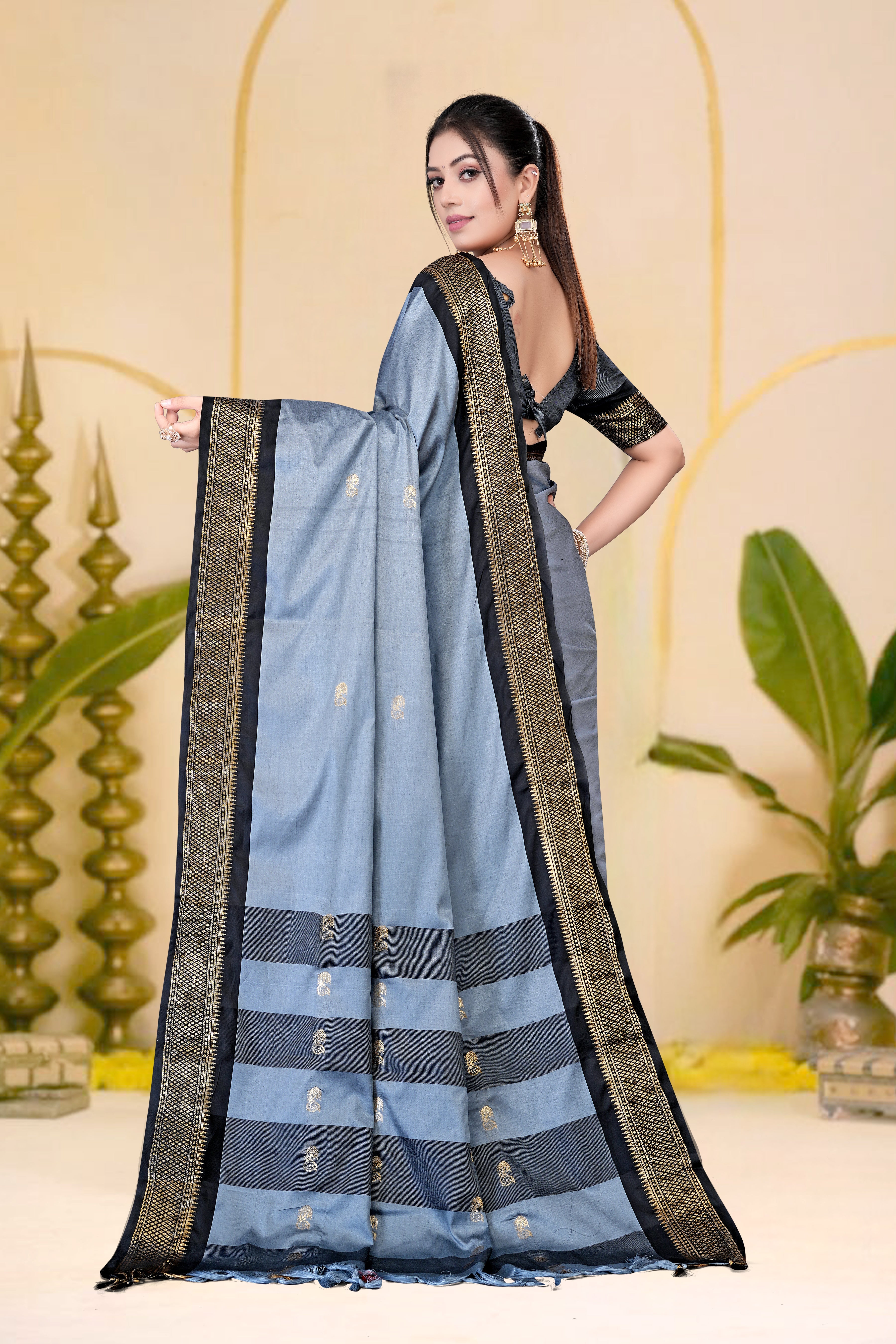 Grey & Black Paithani Cotton Silk Saree