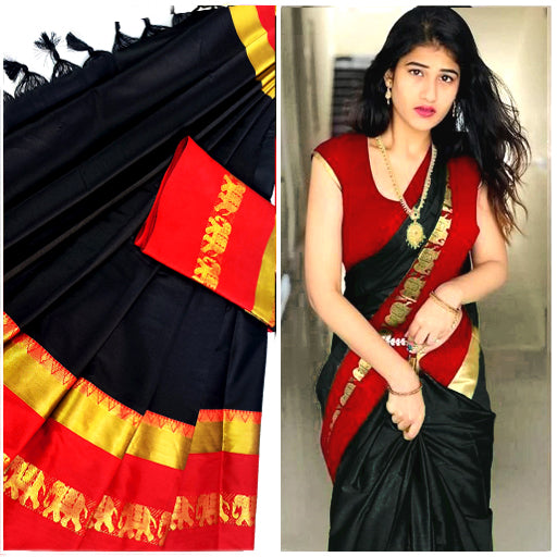 Black & Red Hathi Design (Elephant) Cotton Silk Saree