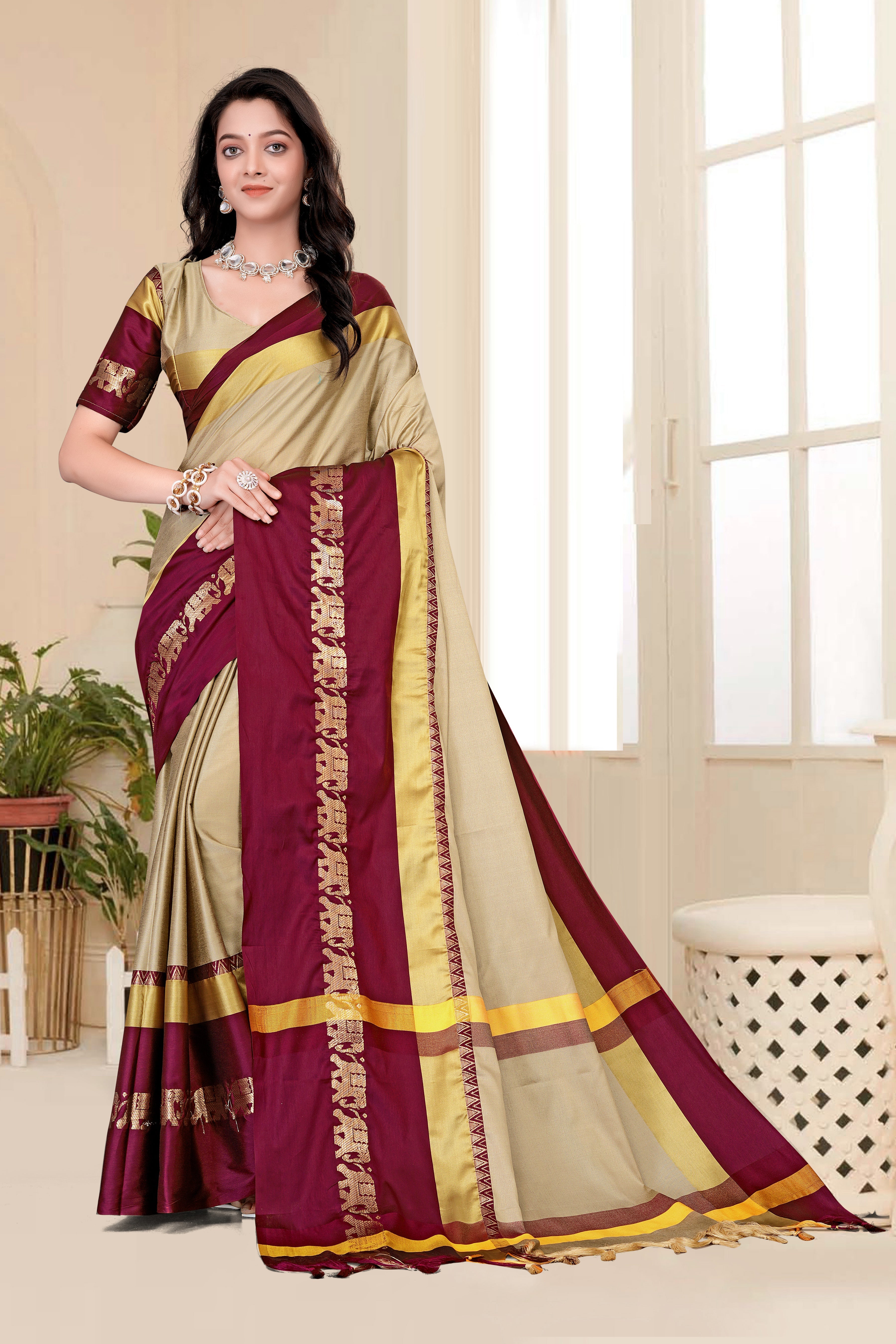 Beige & Brown Hathi Design (Elephant) Cotton Silk Saree
