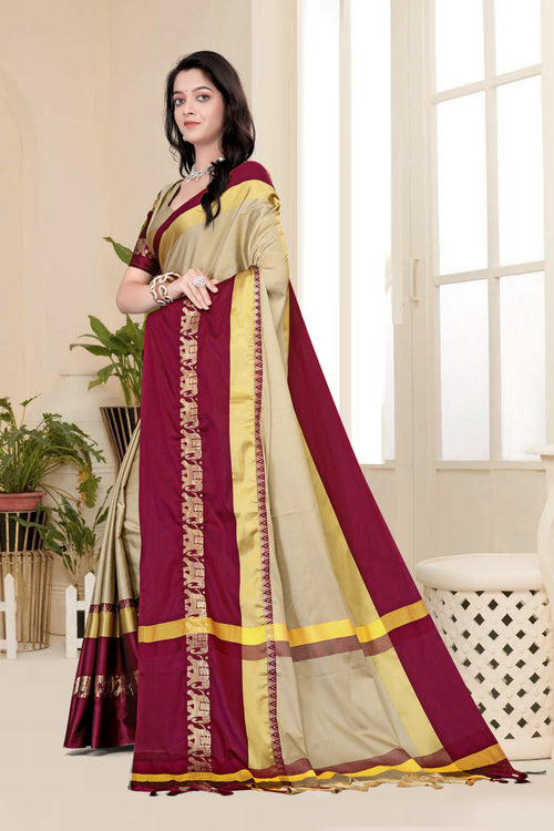 Beige & Brown Hathi Design (Elephant) Cotton Silk Saree