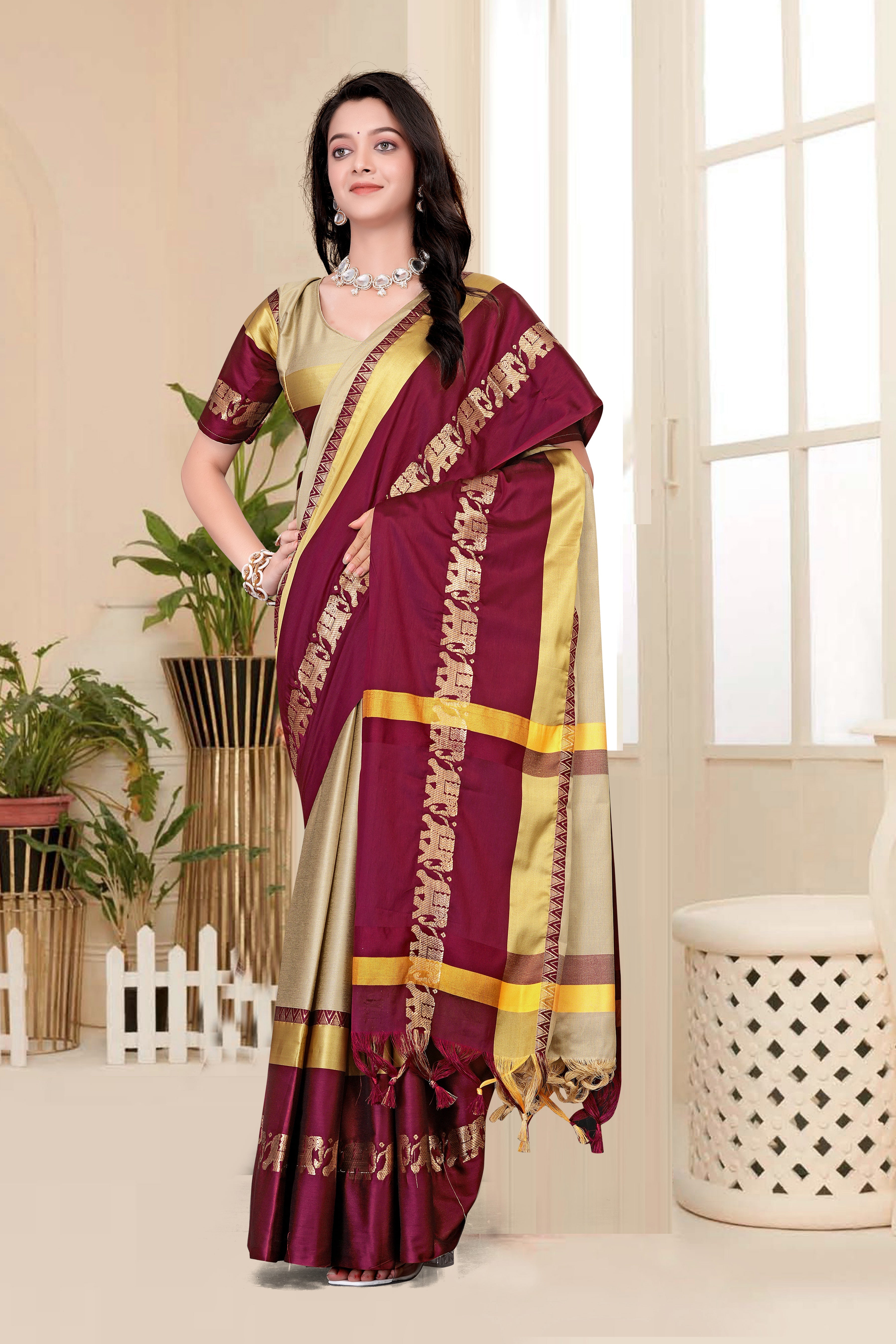 Beige & Brown Hathi Design (Elephant) Cotton Silk Saree