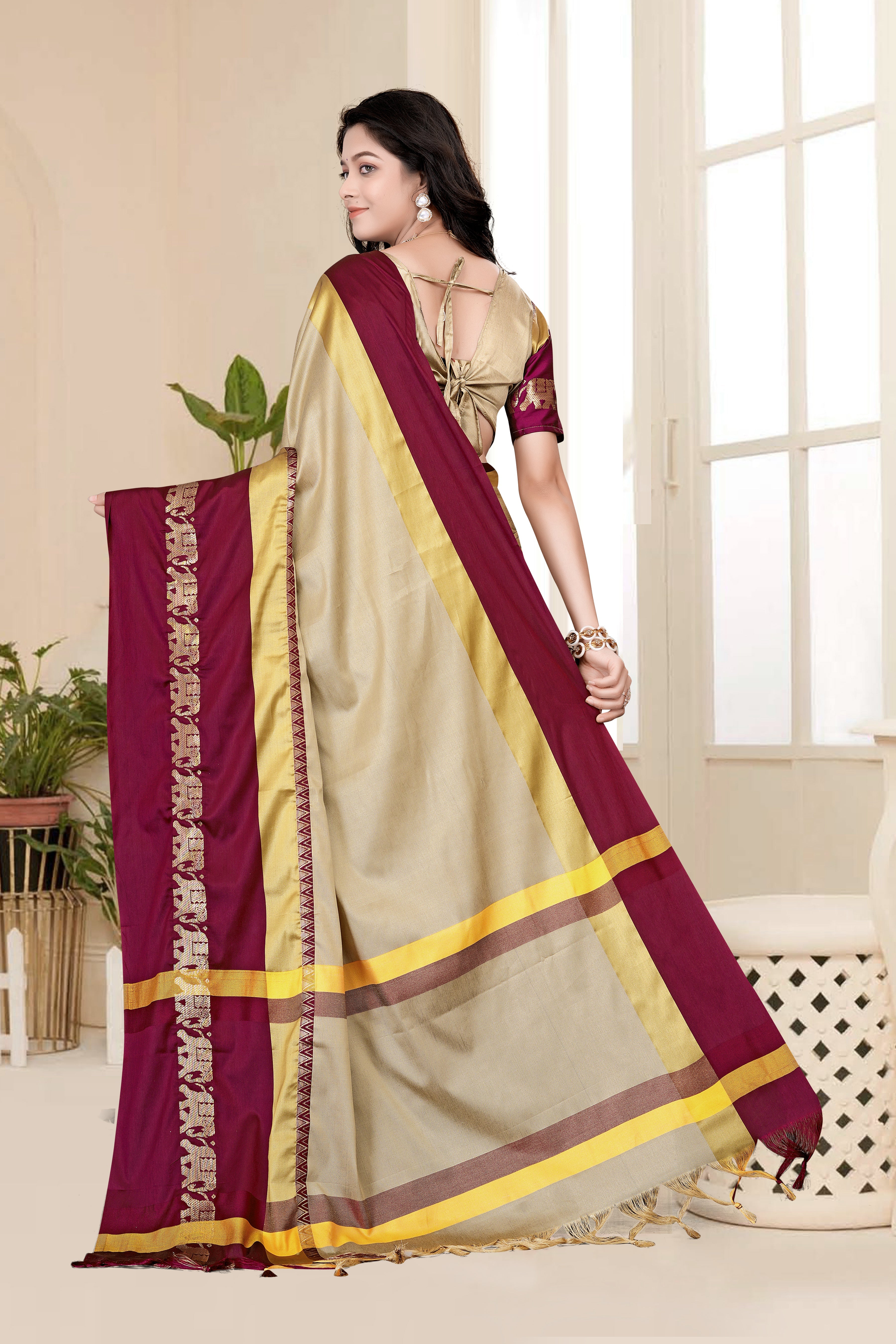 Beige & Brown Hathi Design (Elephant) Cotton Silk Saree