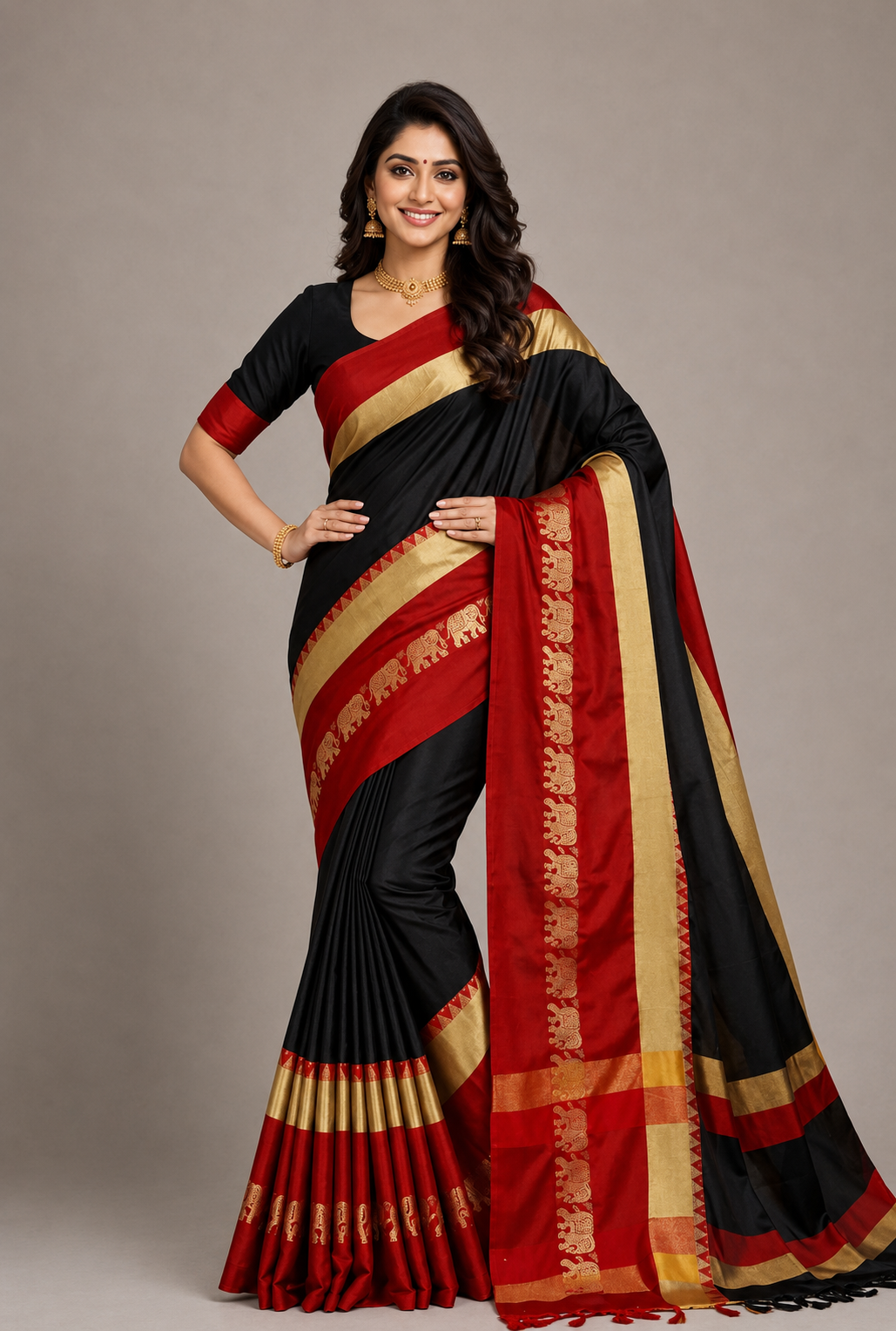 Black & Red Hathi Design (Elephant) Cotton Silk Saree