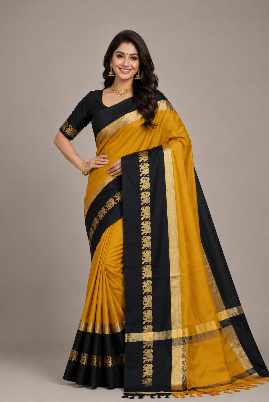 Gold & Black Hathi Design (Elephant) Cotton Silk Saree