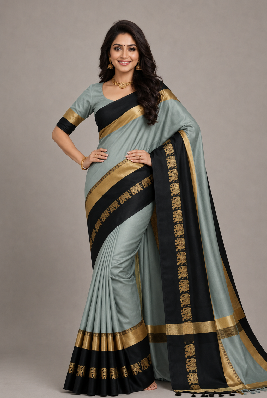 Steel Grey & Black Hathi Design (Elephant) Cotton Silk Saree