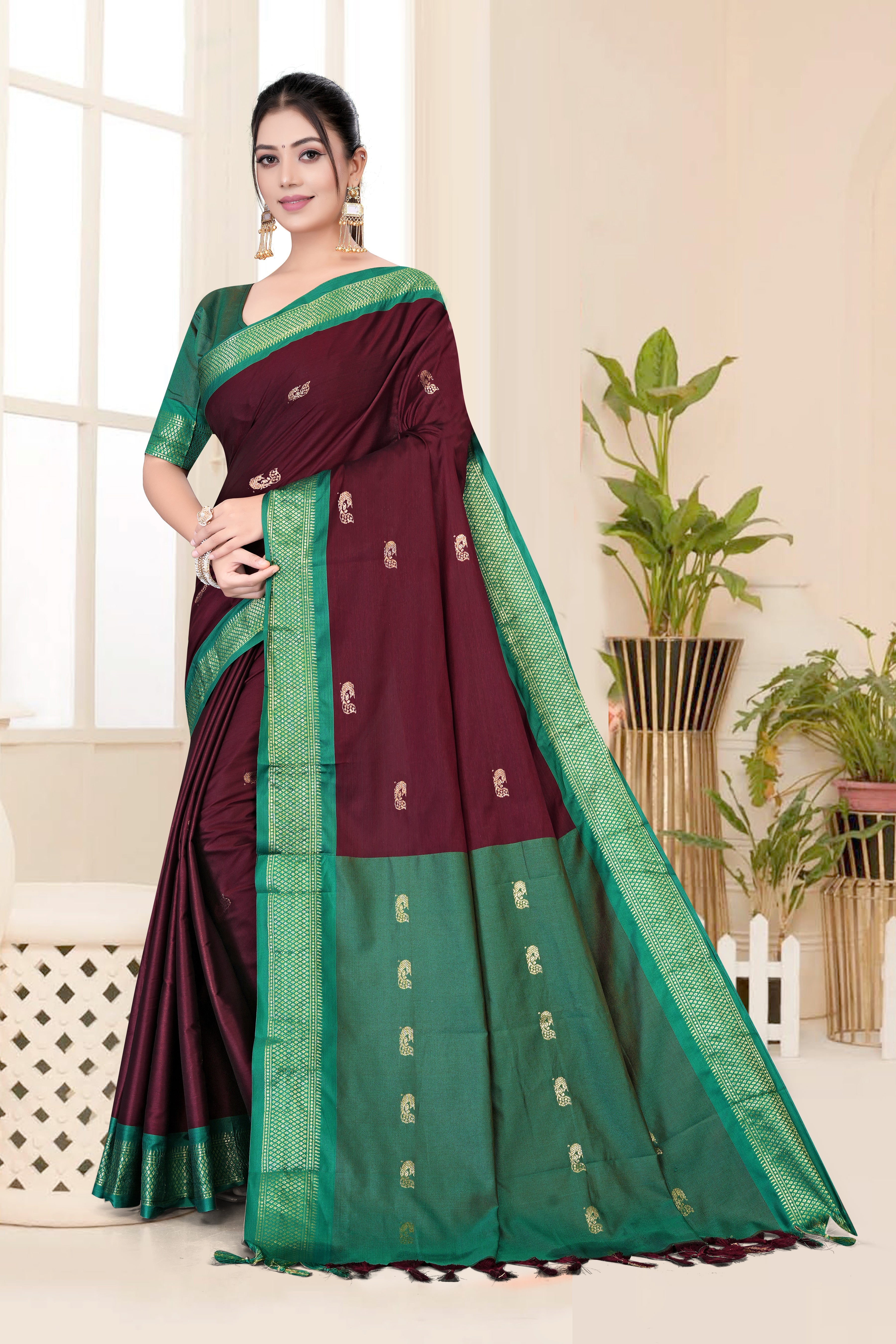 Brown & Green Paithani Cotton Silk Saree