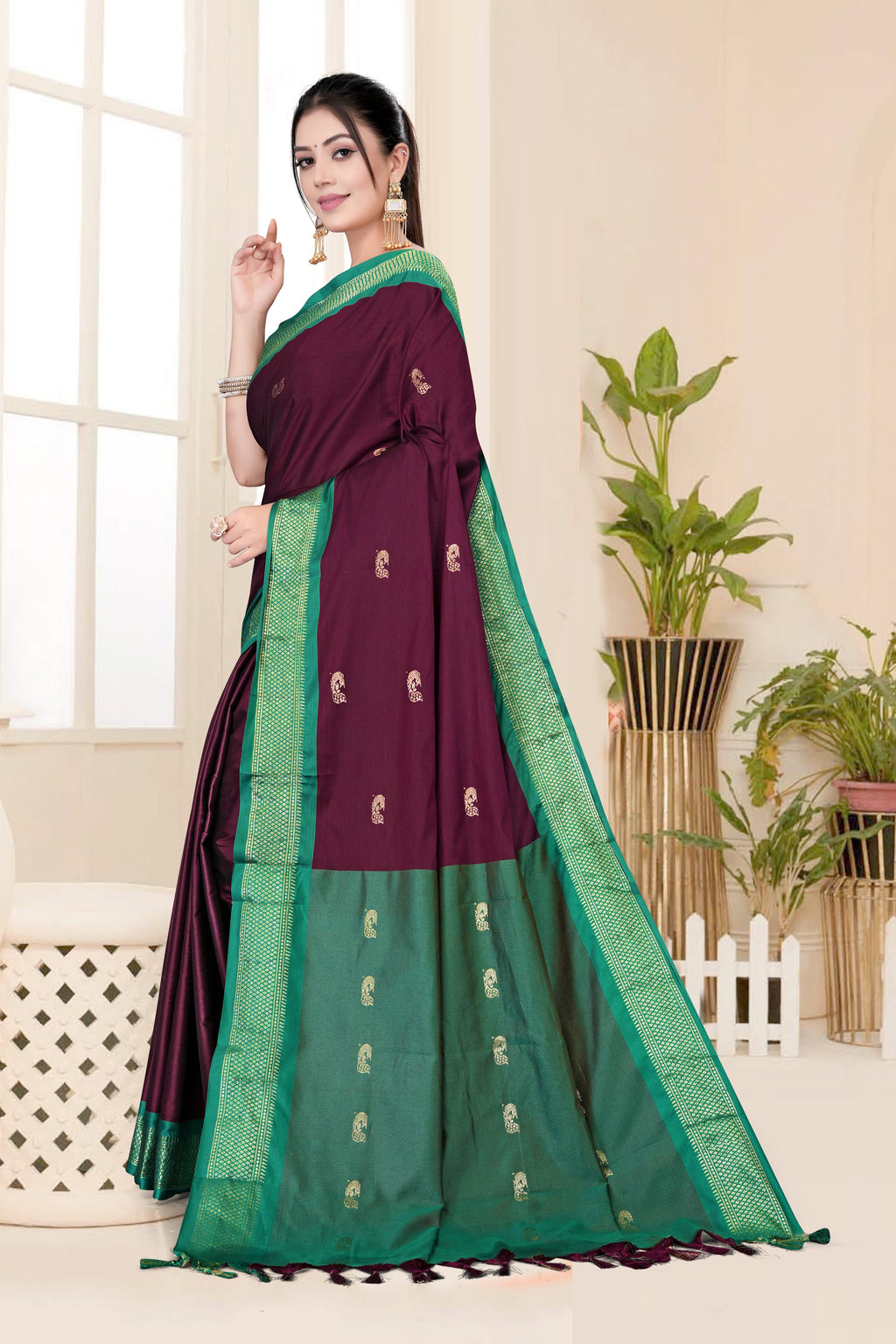 Brown & Green Paithani Cotton Silk Saree