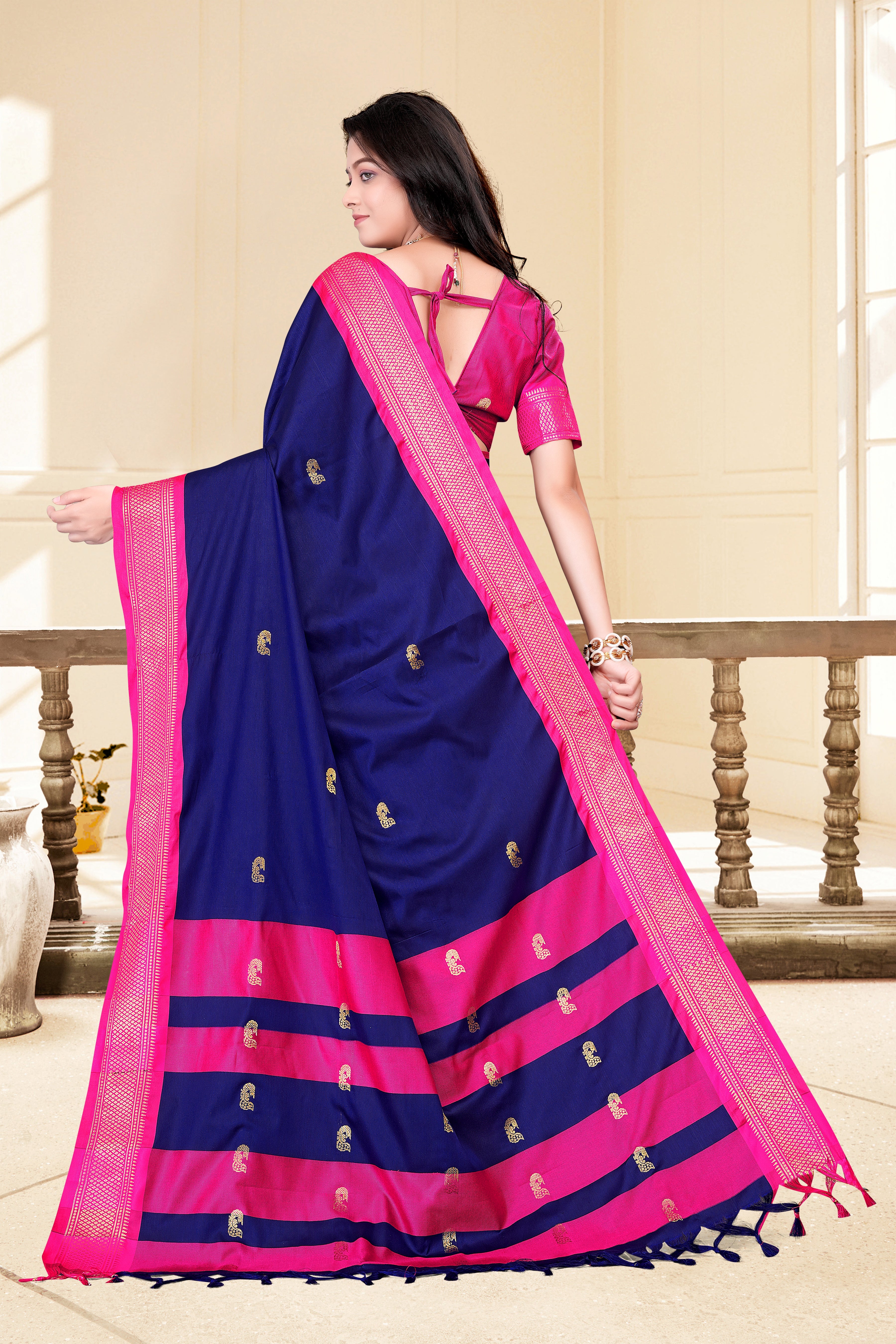 Navy Blue & Rani Pink Paithani Cotton Silk Saree