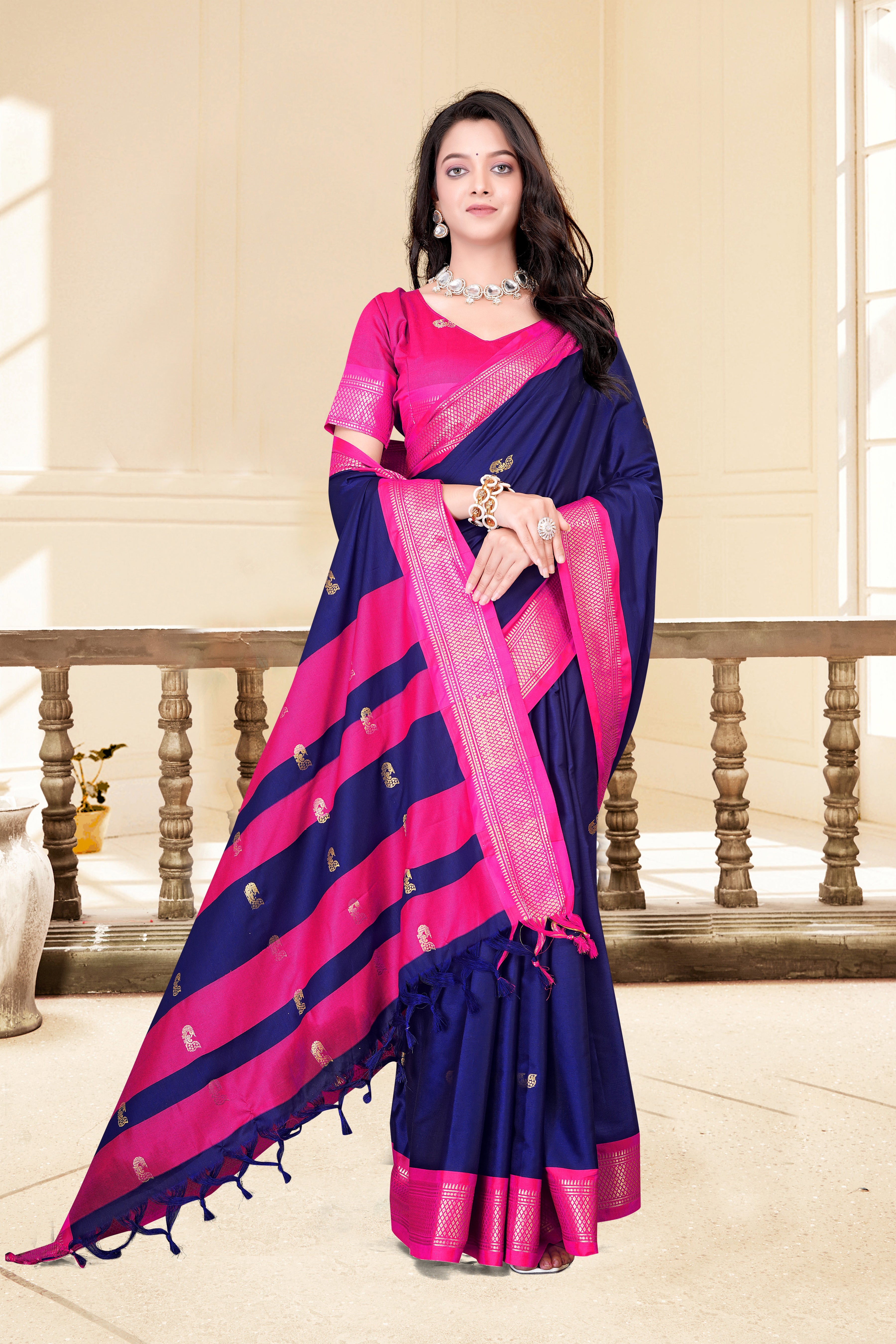Navy Blue & Rani Pink Paithani Cotton Silk Saree