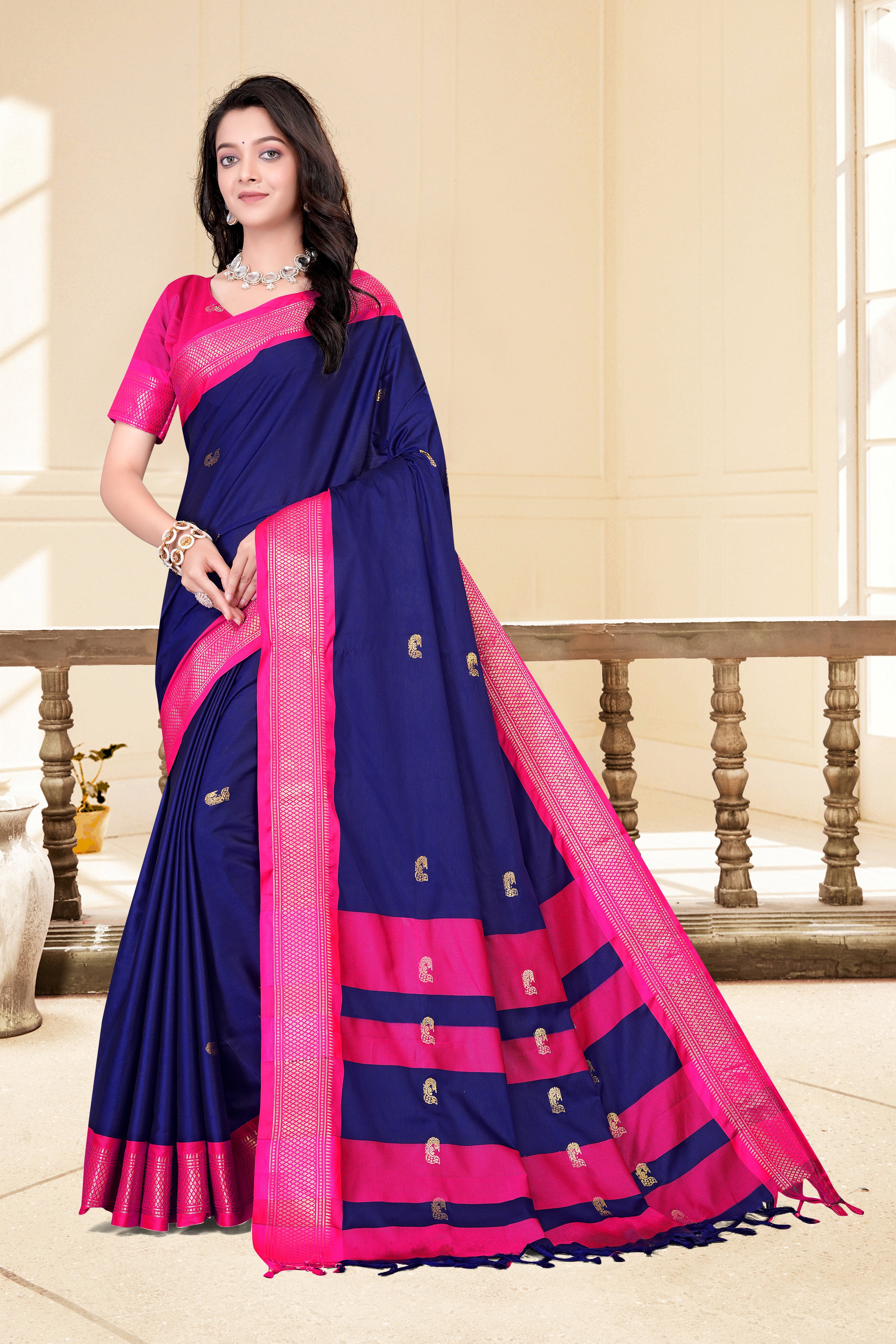 Navy Blue & Rani Pink Paithani Cotton Silk Saree