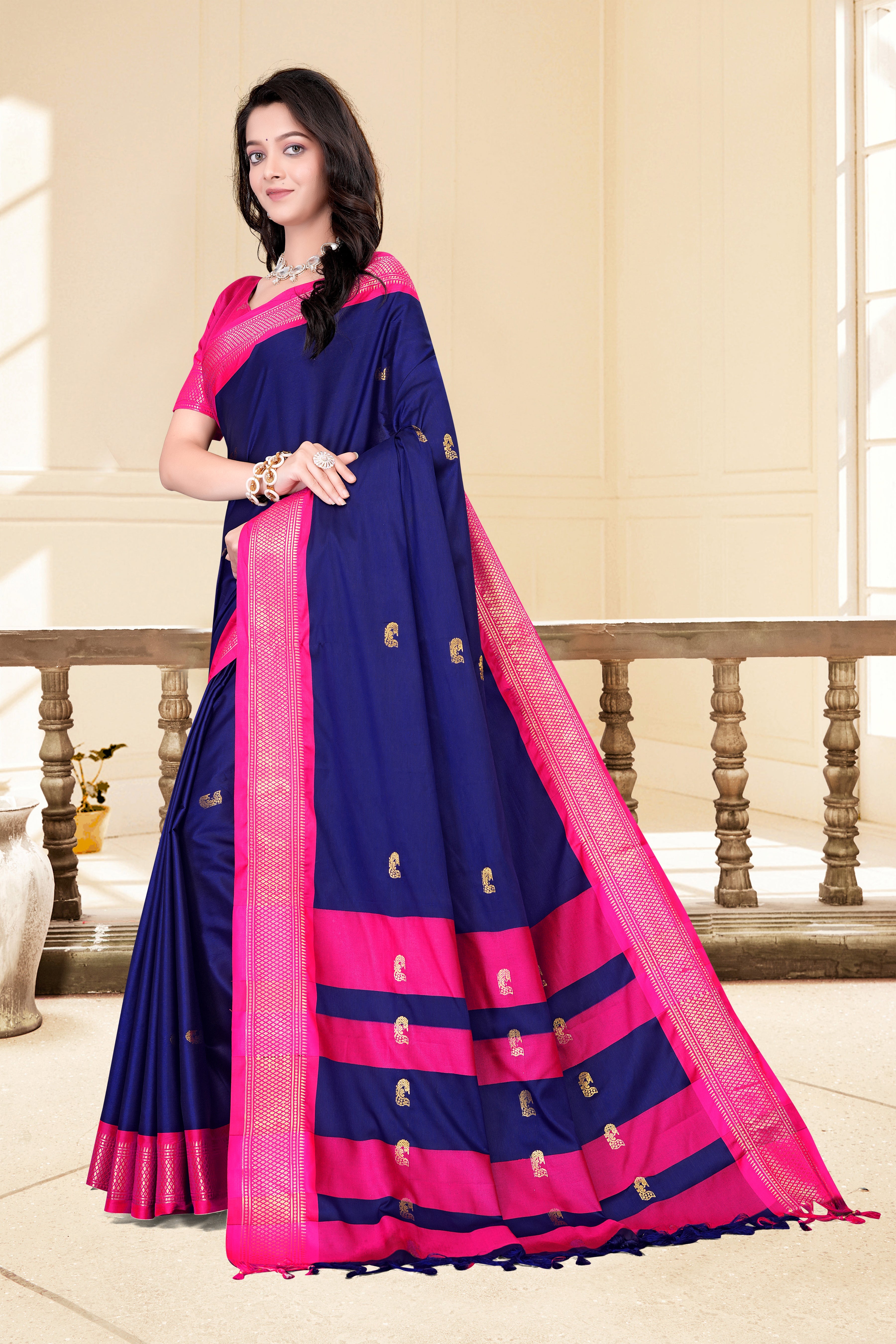 Navy Blue & Rani Pink Paithani Cotton Silk Saree