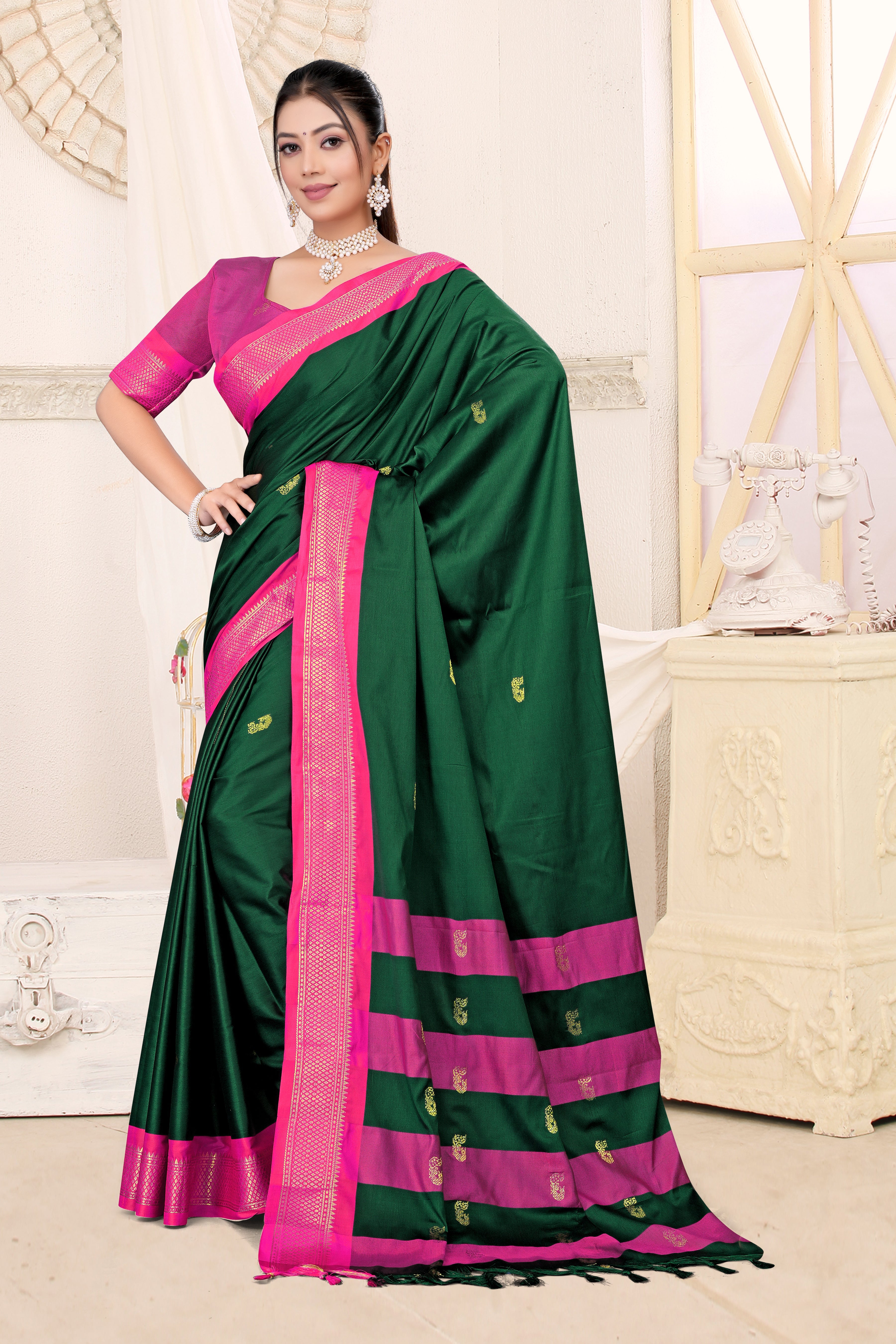 Bottle Green & Rani Pink Paithani Cotton Silk Saree