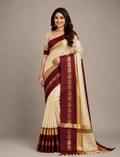 Beige & Brown Hathi Design (Elephant) Cotton Silk Saree
