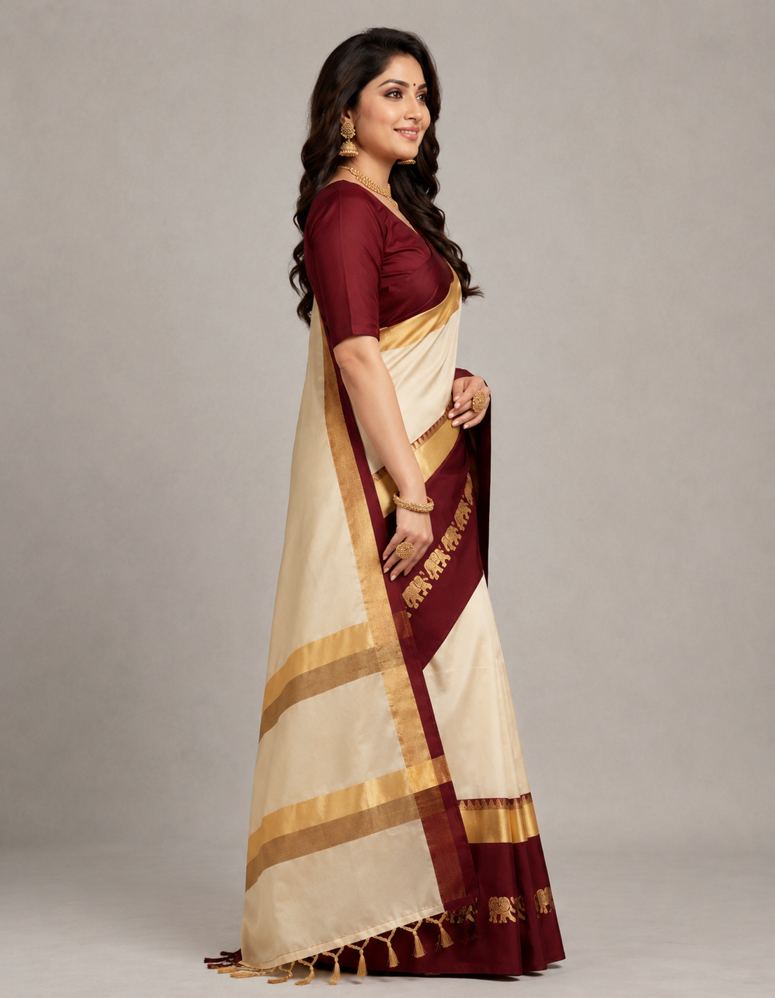 Beige & Brown Hathi Design (Elephant) Cotton Silk Saree