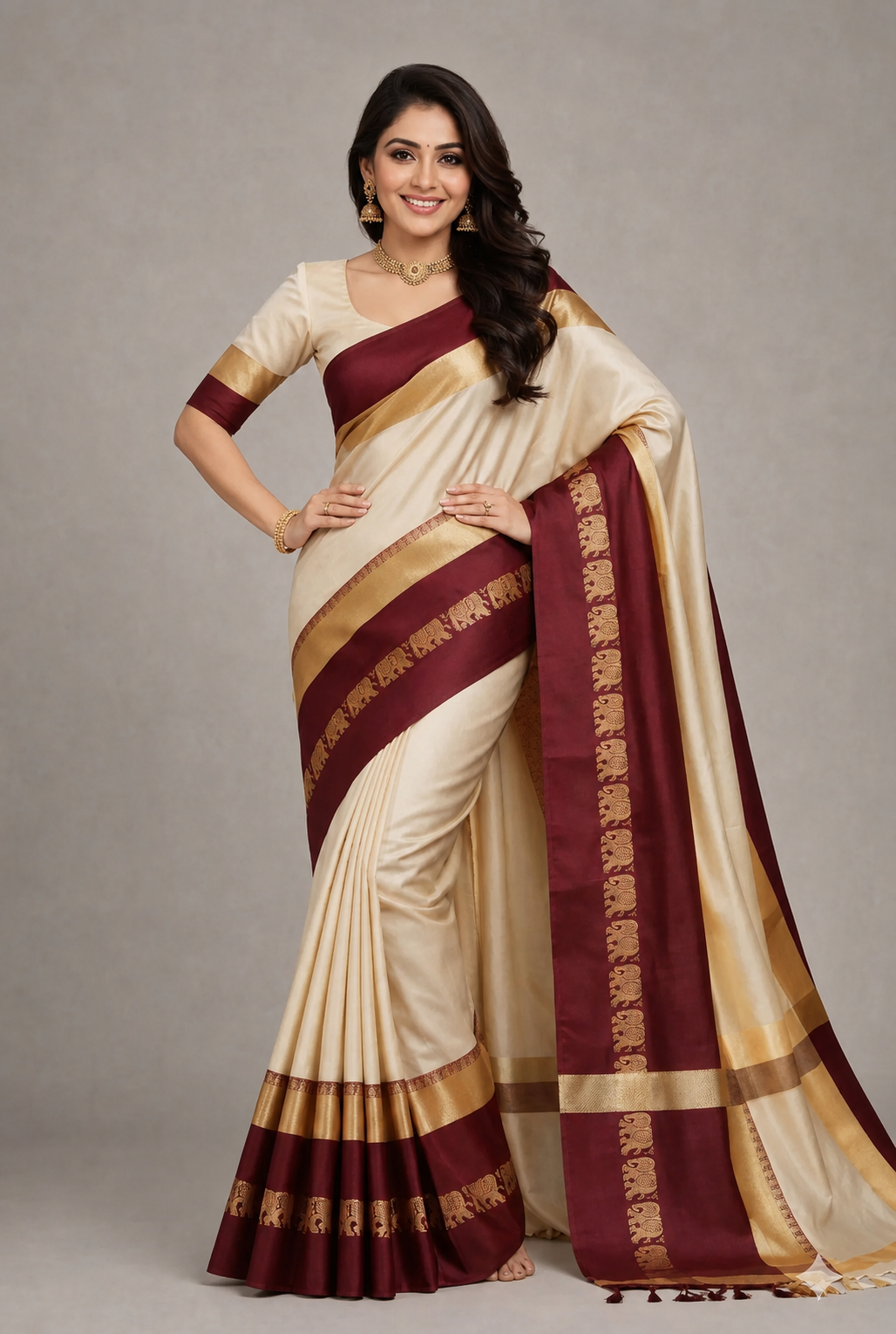 Beige & Brown Hathi Design (Elephant) Cotton Silk Saree