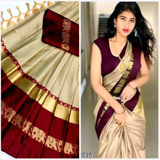 Beige & Brown Hathi Design (Elephant) Cotton Silk Saree