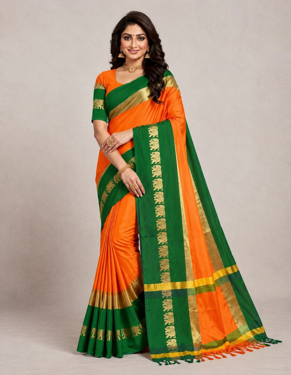 Turmeric Yellow & Green Hathi Design (Elephant) Cotton Silk Saree