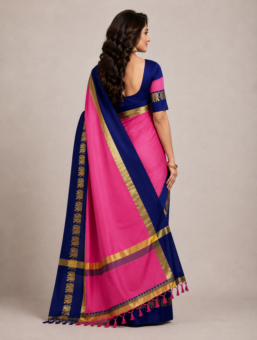 Pink & Navy Blue Hathi Design (Elephant) Cotton Silk Saree