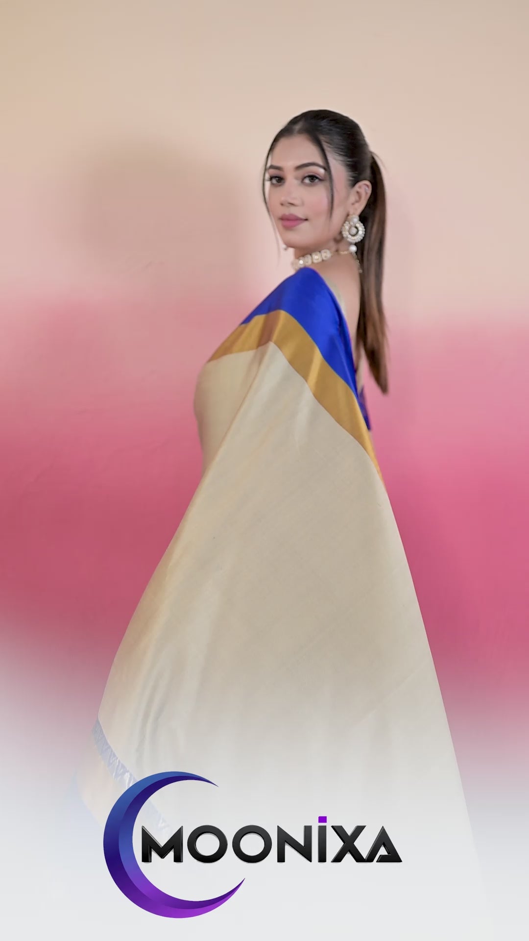 Beige & Royal Blue Hathi Design (Elephant) Cotton Silk Saree