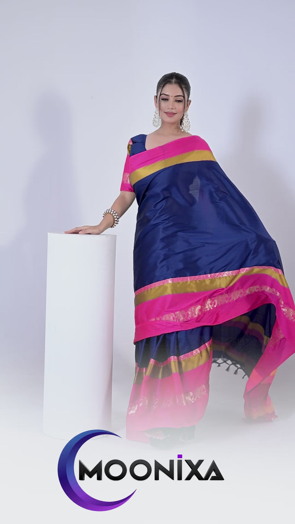 Navy Blue & Rani Pink Hathi Design (Elephant) Cotton Silk Saree
