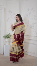 Beige & Maroon Hathi Design (Elephant) Cotton Silk Saree