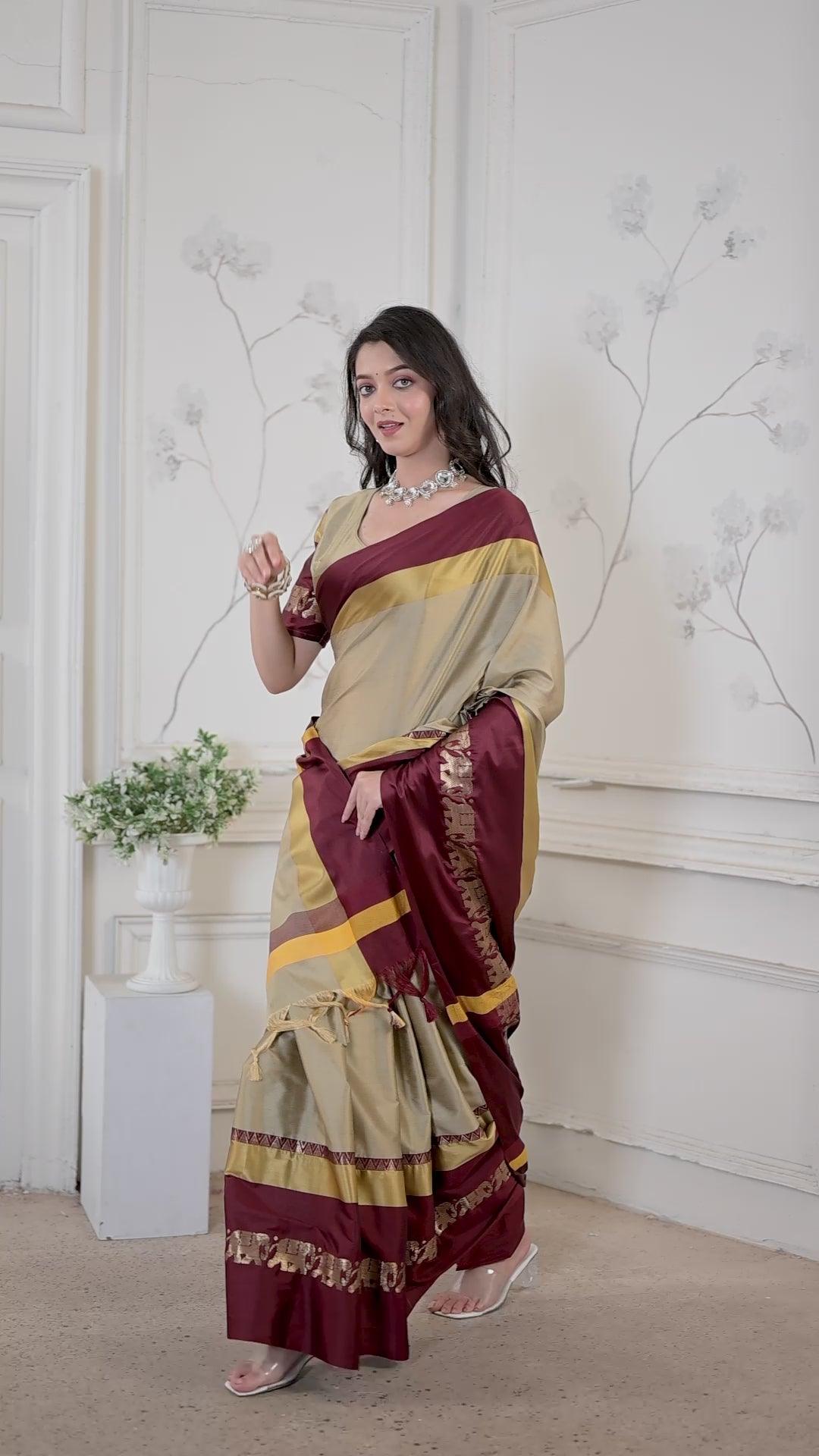 Beige & Brown Hathi Design (Elephant) Cotton Silk Saree