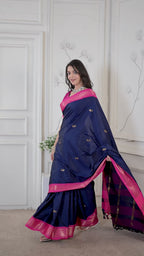 Navy Blue & Rani Pink Paithani Cotton Silk Saree
