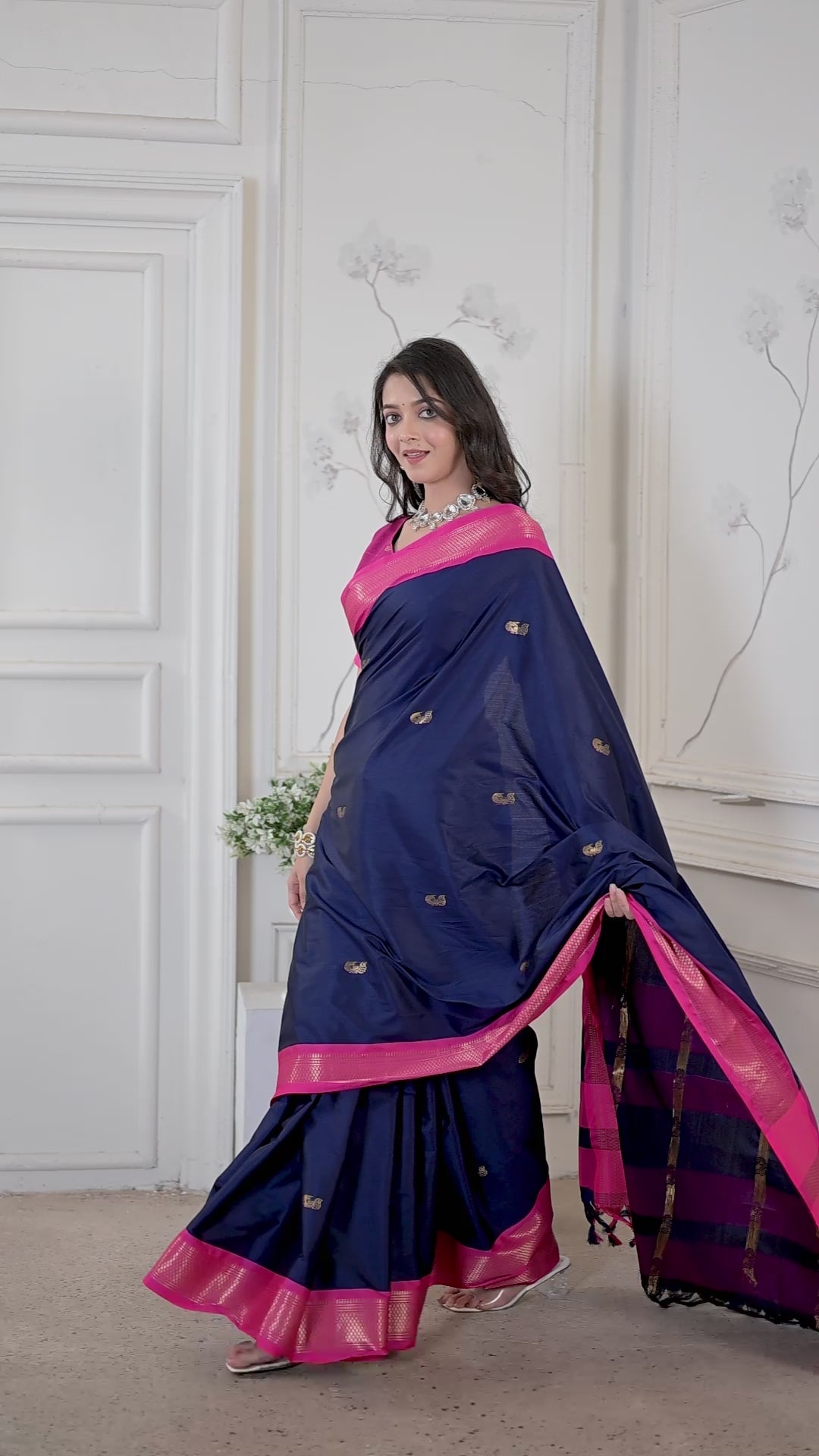 Navy Blue & Rani Pink Paithani Cotton Silk Saree